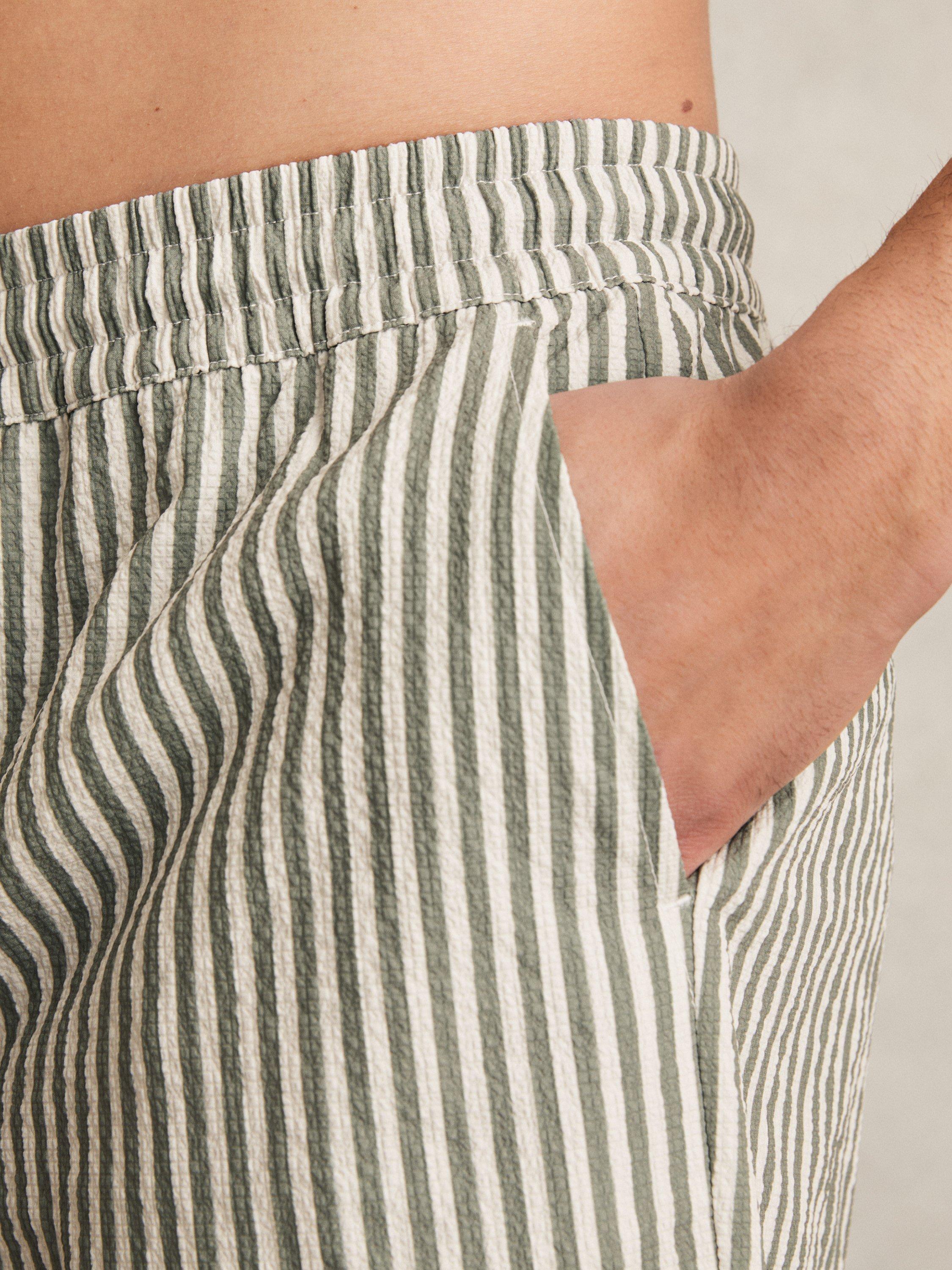 Product image 5 of 5, which shows Reiss Bay Seersucker Stripe Swim Shorts, Sage/White, XS