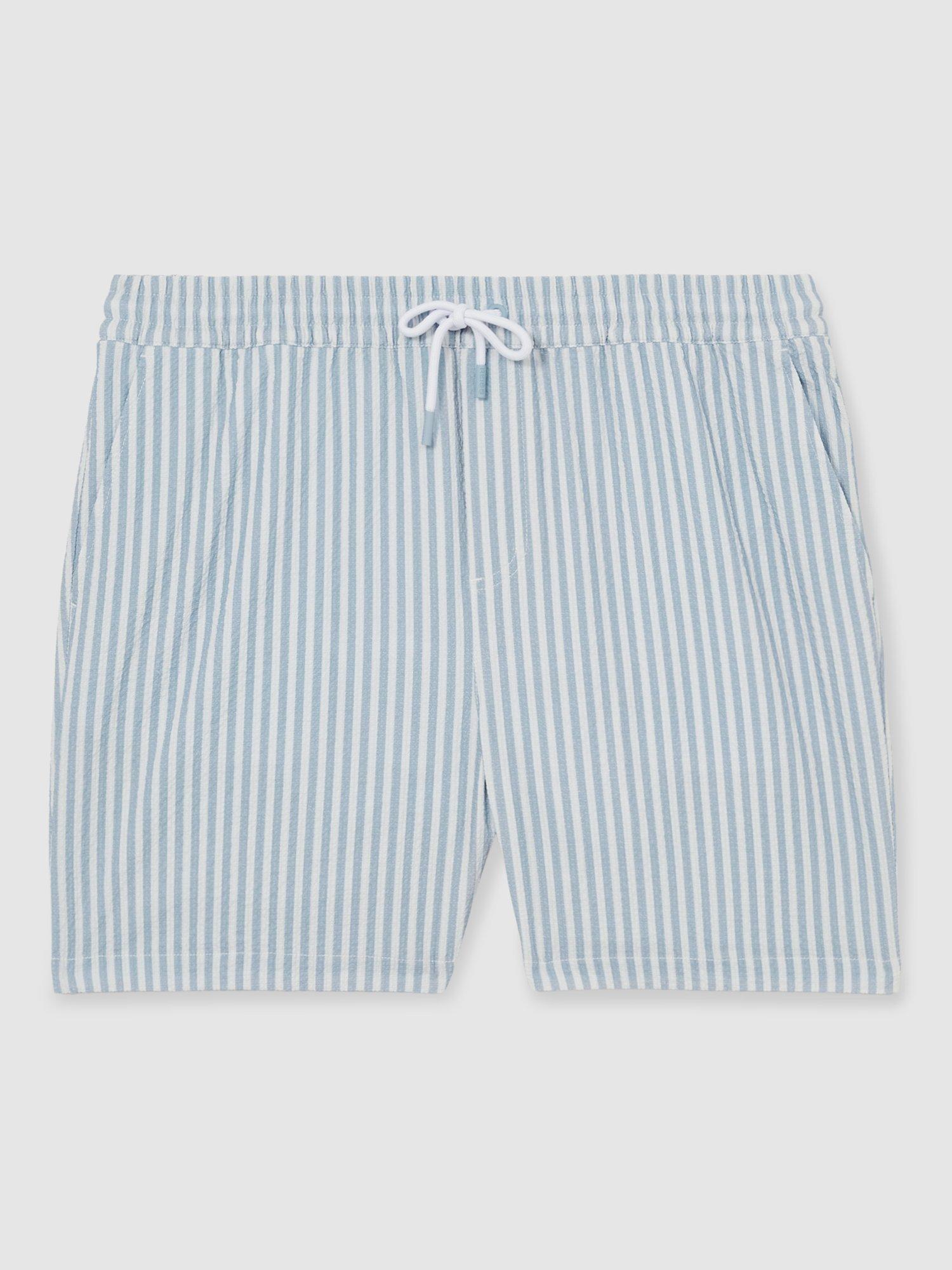 Product image 3 of 5, which shows Reiss Bay Seersucker Stripe Swim Shorts, Soft Blue/White, XS