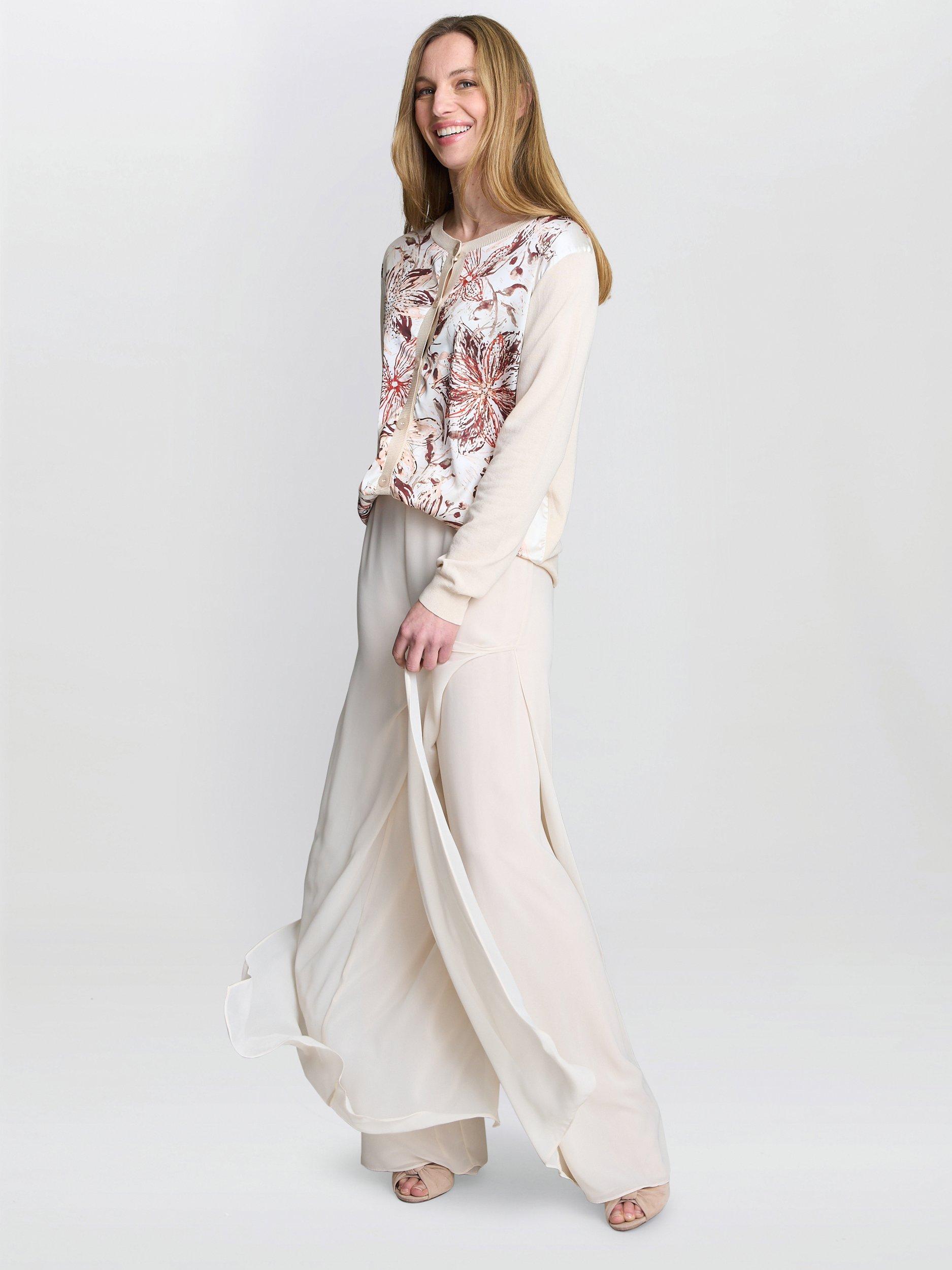 Product image 2 of 5, which shows Gina Bacconi Vilma Floral Satin Front Cardigan, Beige/Multi, S-M