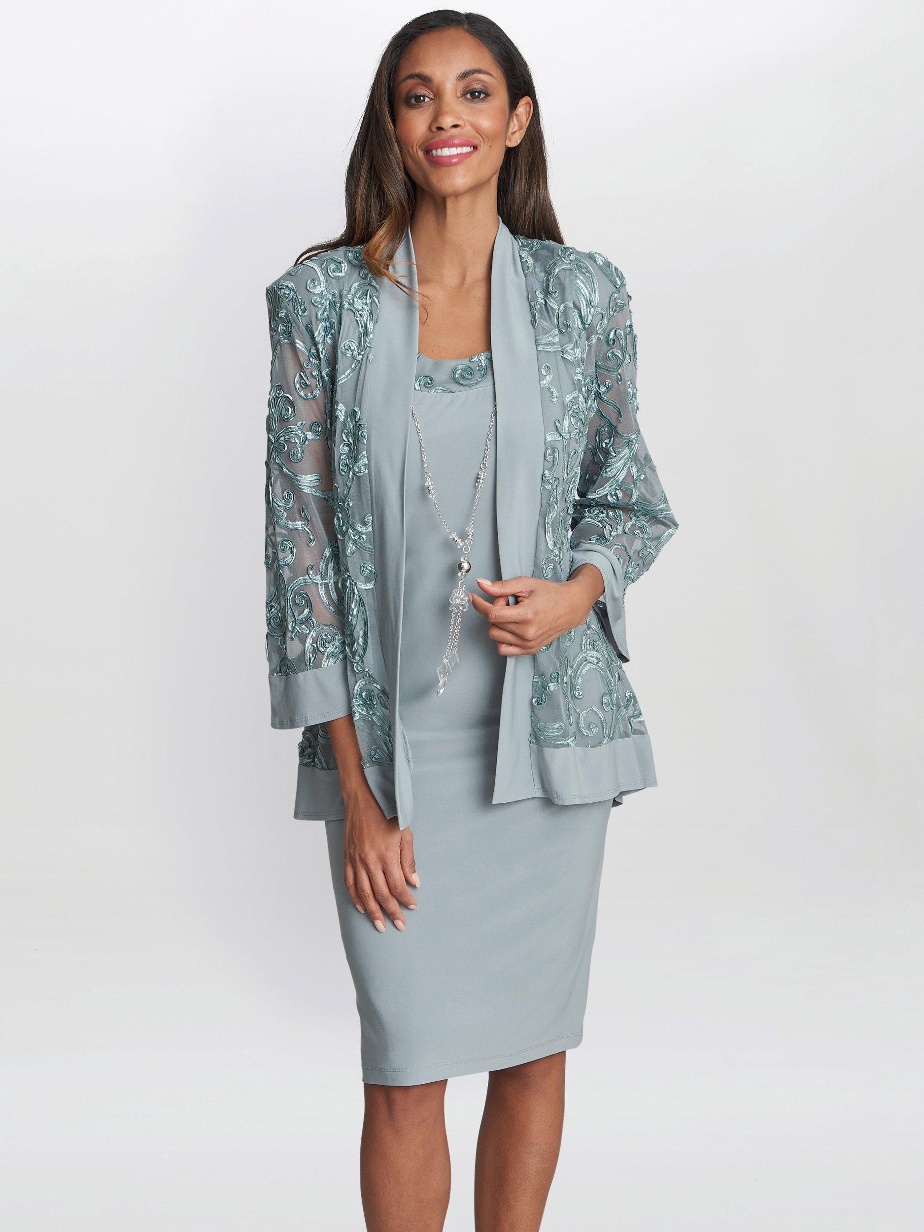 Product image 1 of 6, which shows Gina Bacconi Beverley Soutache Dress & Jacket With Necklace, Sage, 10