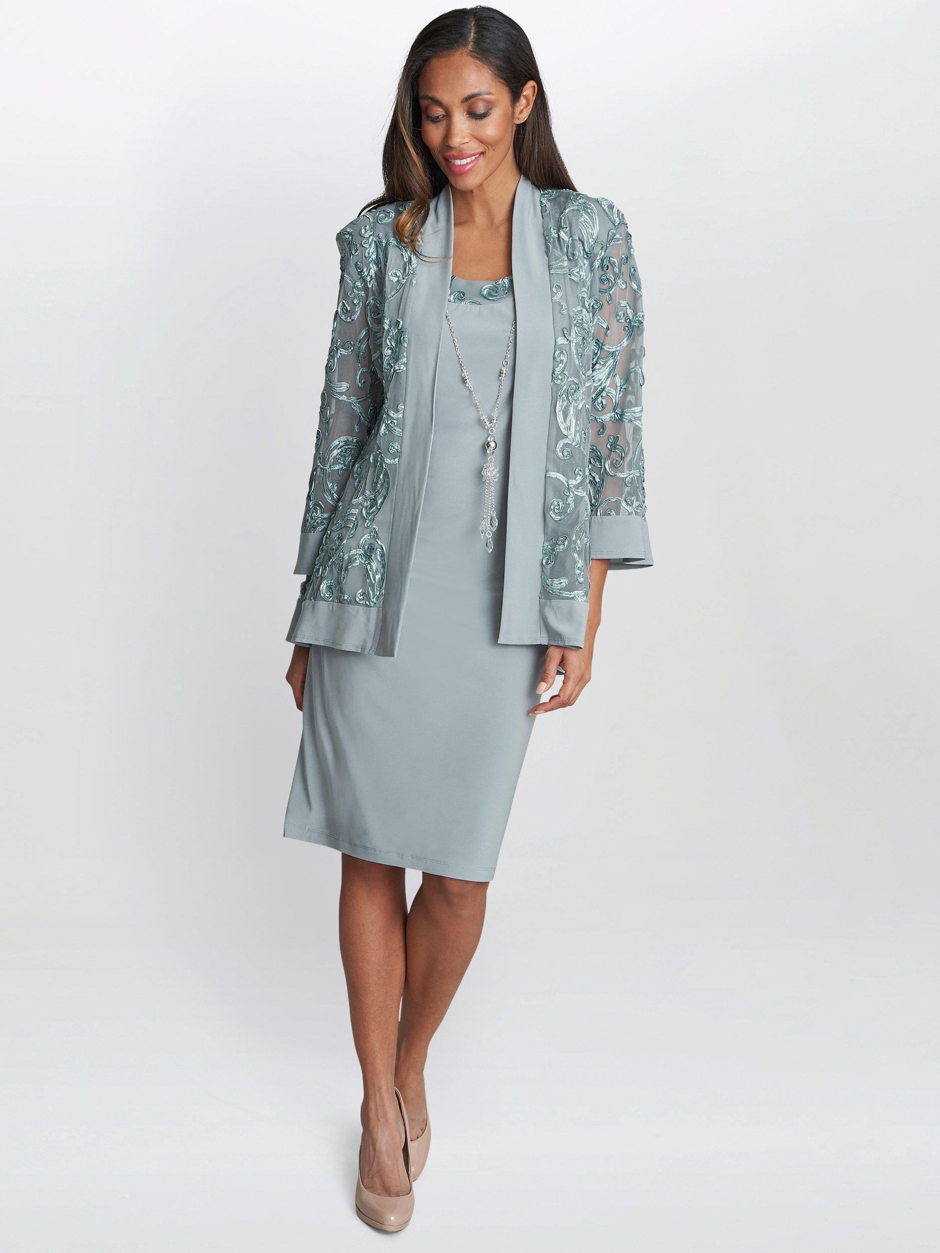 Product image 6 of 6, which shows Gina Bacconi Beverley Soutache Dress & Jacket With Necklace, Sage, 10