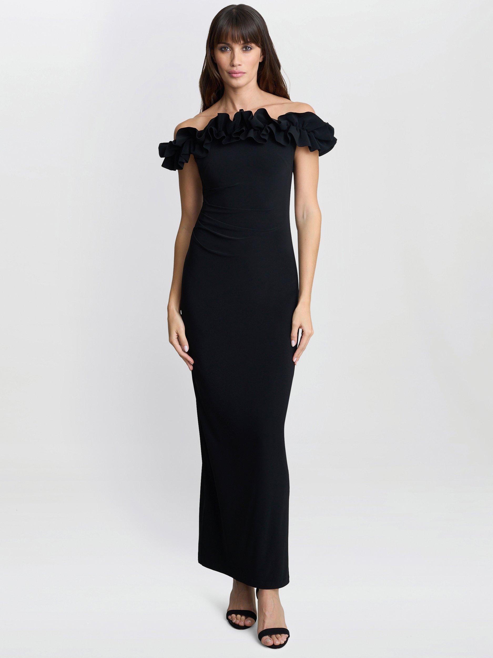 Product image 3 of 7, which shows Gina Bacconi Sabrina Ruffle Neck Maxi Dress, Black, 8