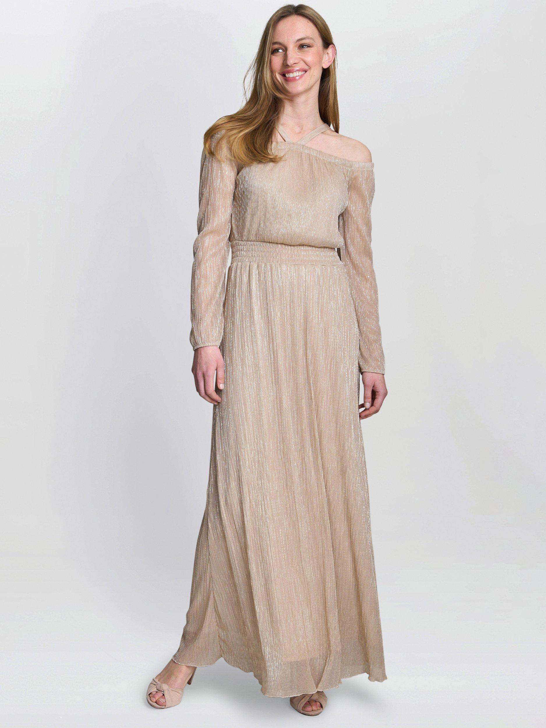 Product image 1 of 5, which shows Gina Bacconi Sylvia Metallic Off Shoulder Dress, Gold, S