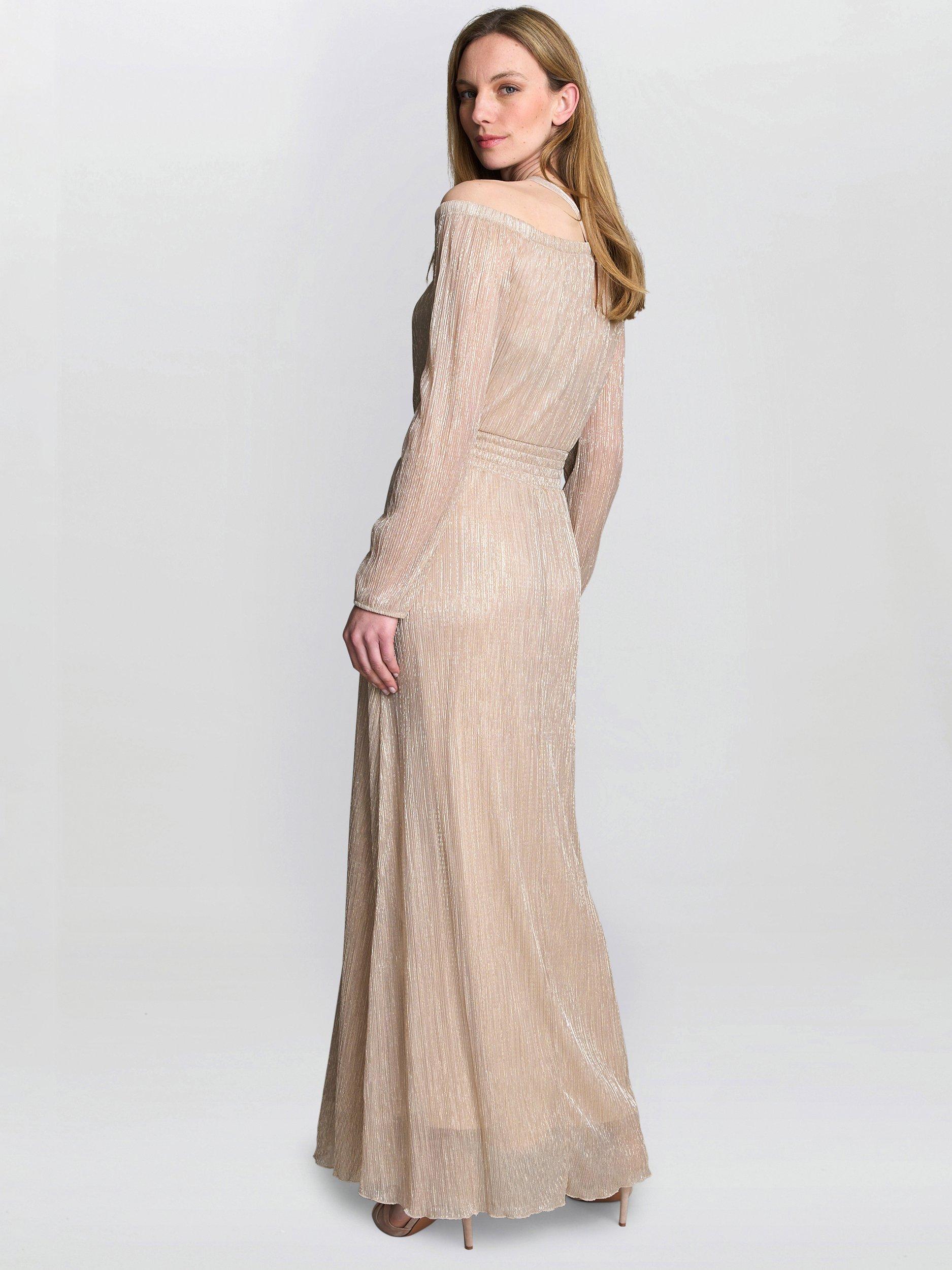 Product image 2 of 5, which shows Gina Bacconi Sylvia Metallic Off Shoulder Dress, Gold, S