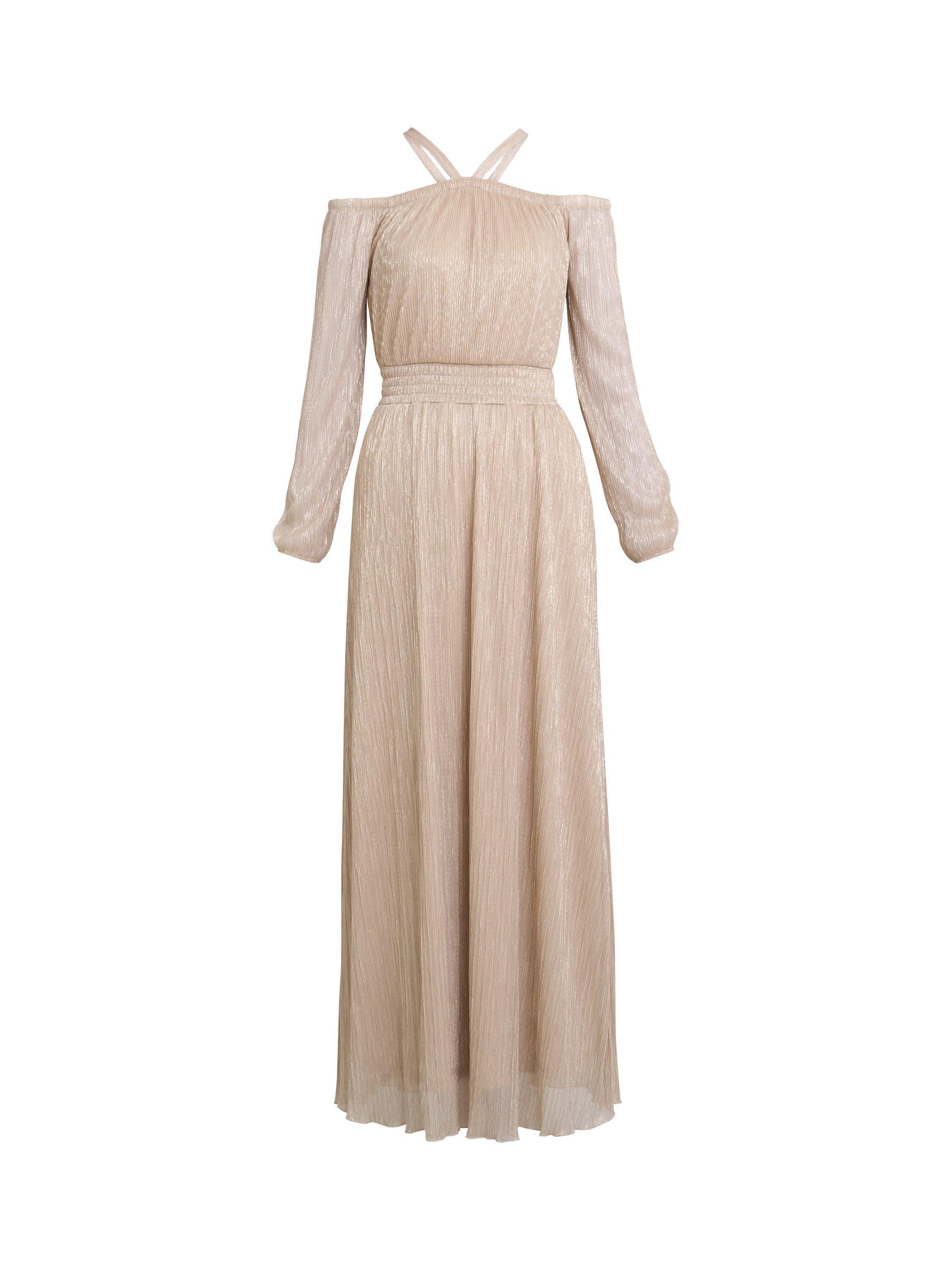 Product image 3 of 5, which shows Gina Bacconi Sylvia Metallic Off Shoulder Dress, Gold, S