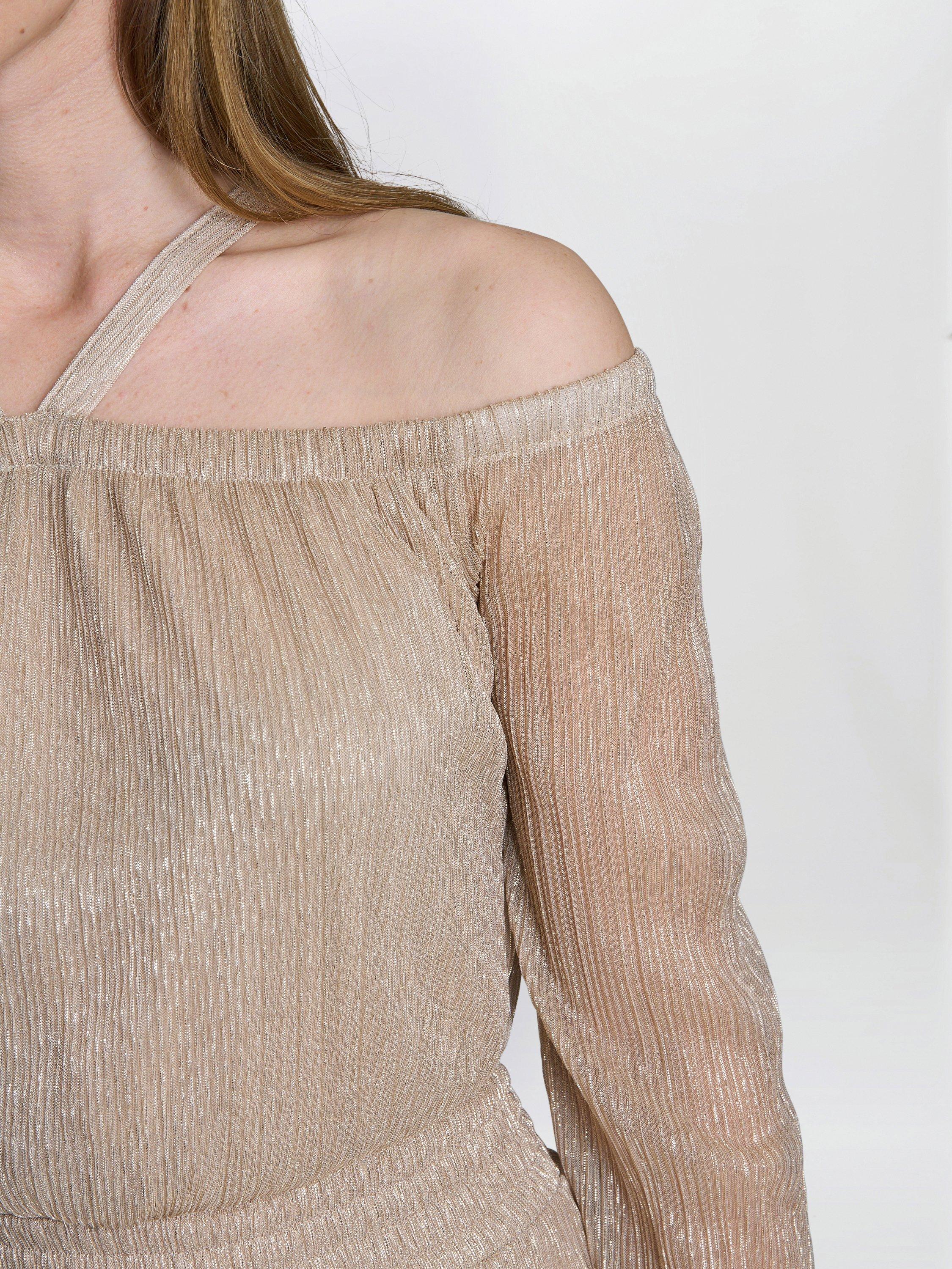 Product image 4 of 5, which shows Gina Bacconi Sylvia Metallic Off Shoulder Dress, Gold, S