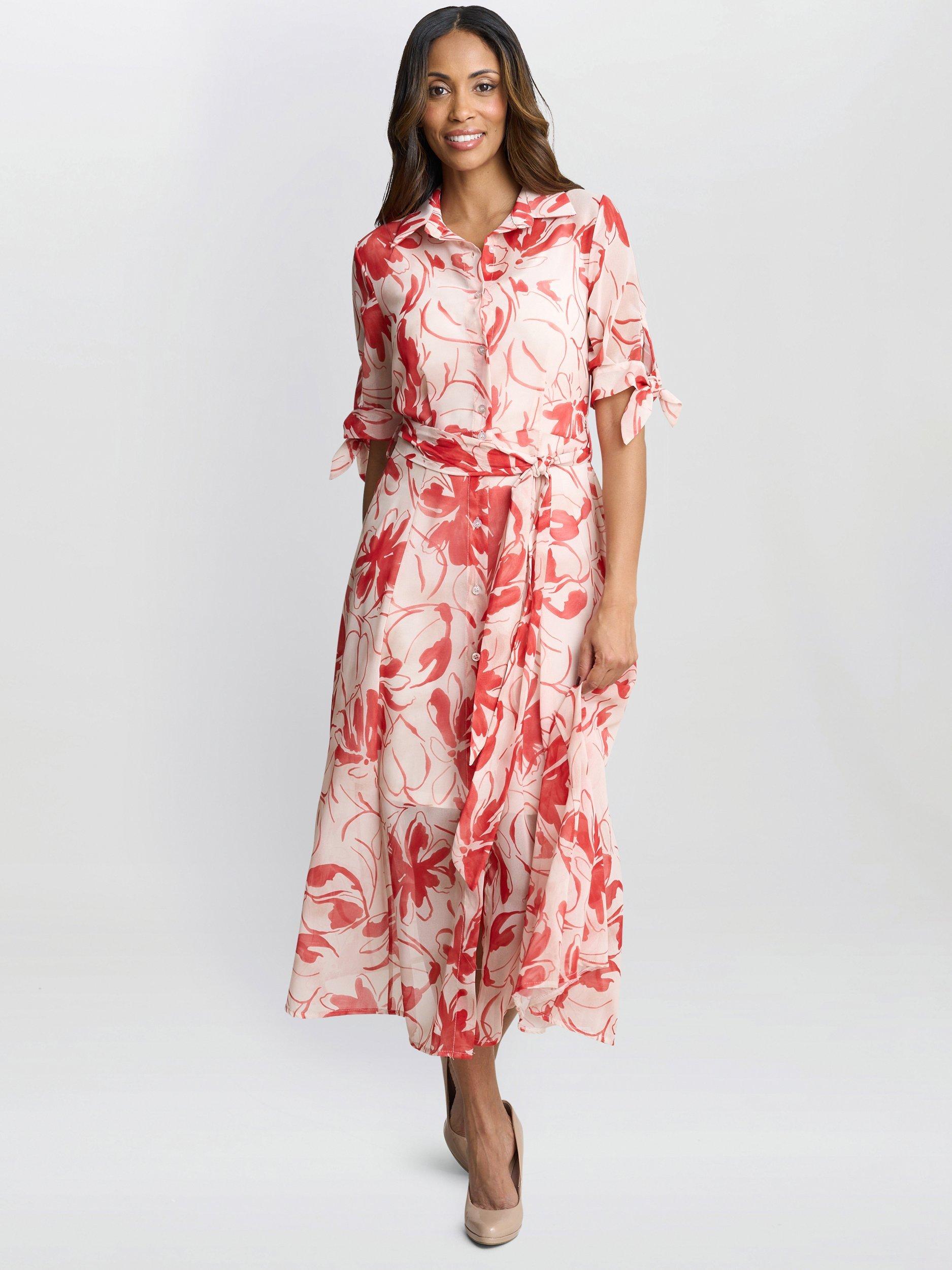 Product image 1 of 6, which shows Gina Bacconi Adrienne Floral Shirt Dress, Red/Multi, S