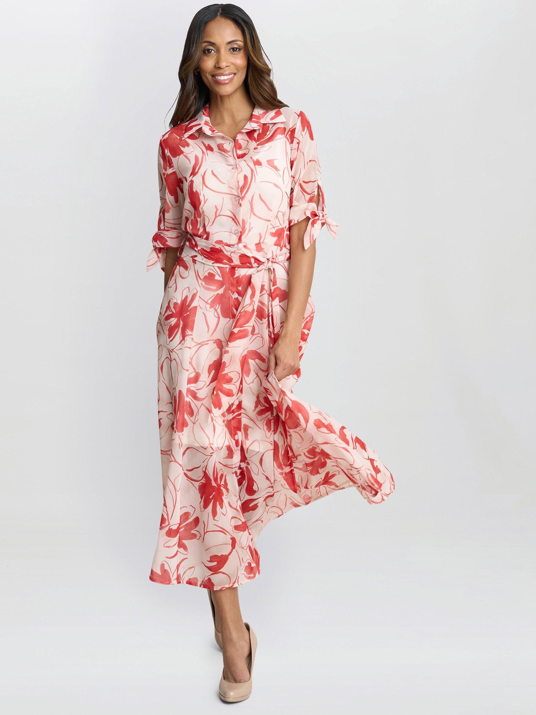 Product image 3 of 6, which shows Gina Bacconi Adrienne Floral Shirt Dress, Red/Multi, S