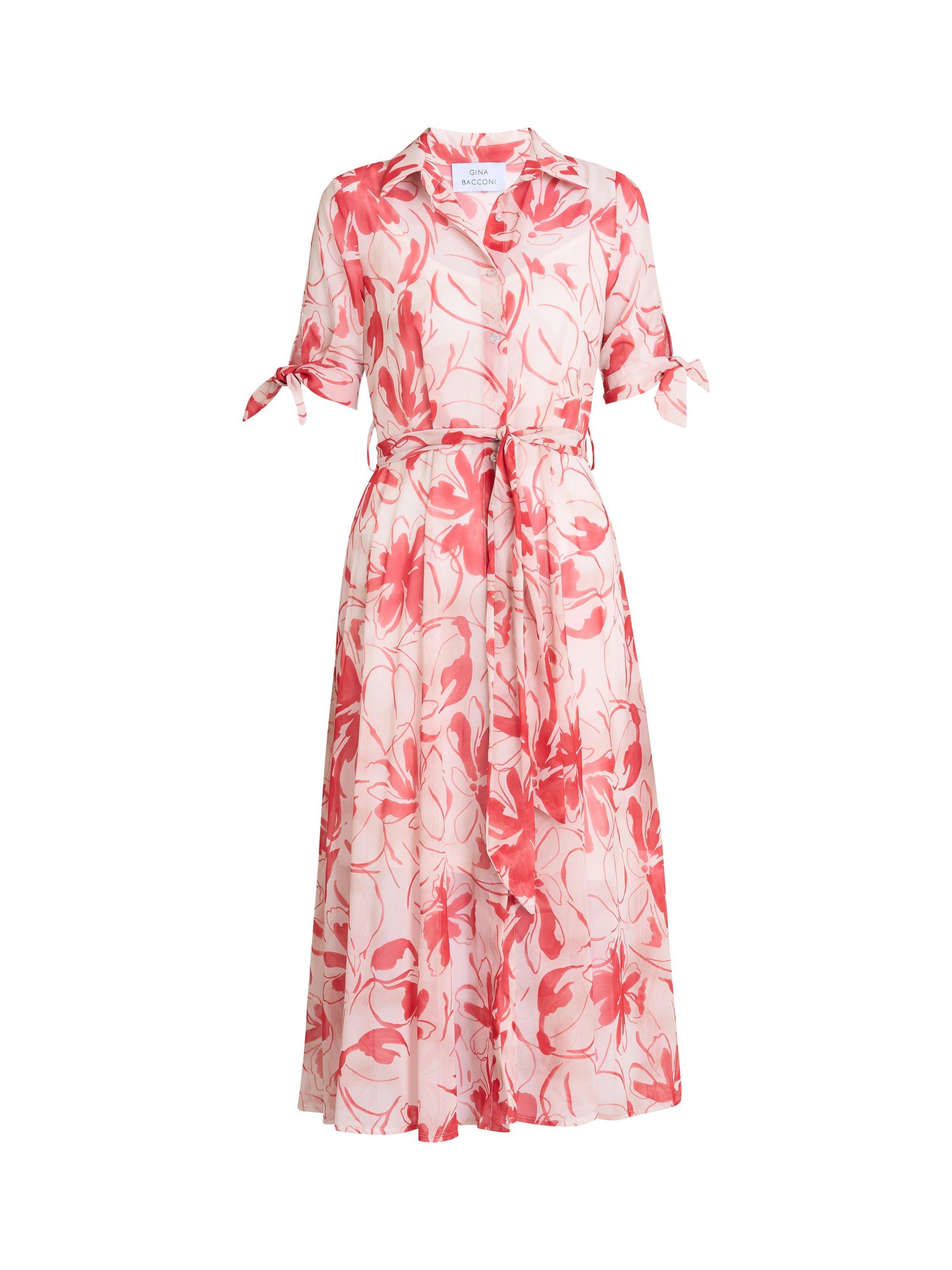 Product image 4 of 6, which shows Gina Bacconi Adrienne Floral Shirt Dress, Red/Multi, S