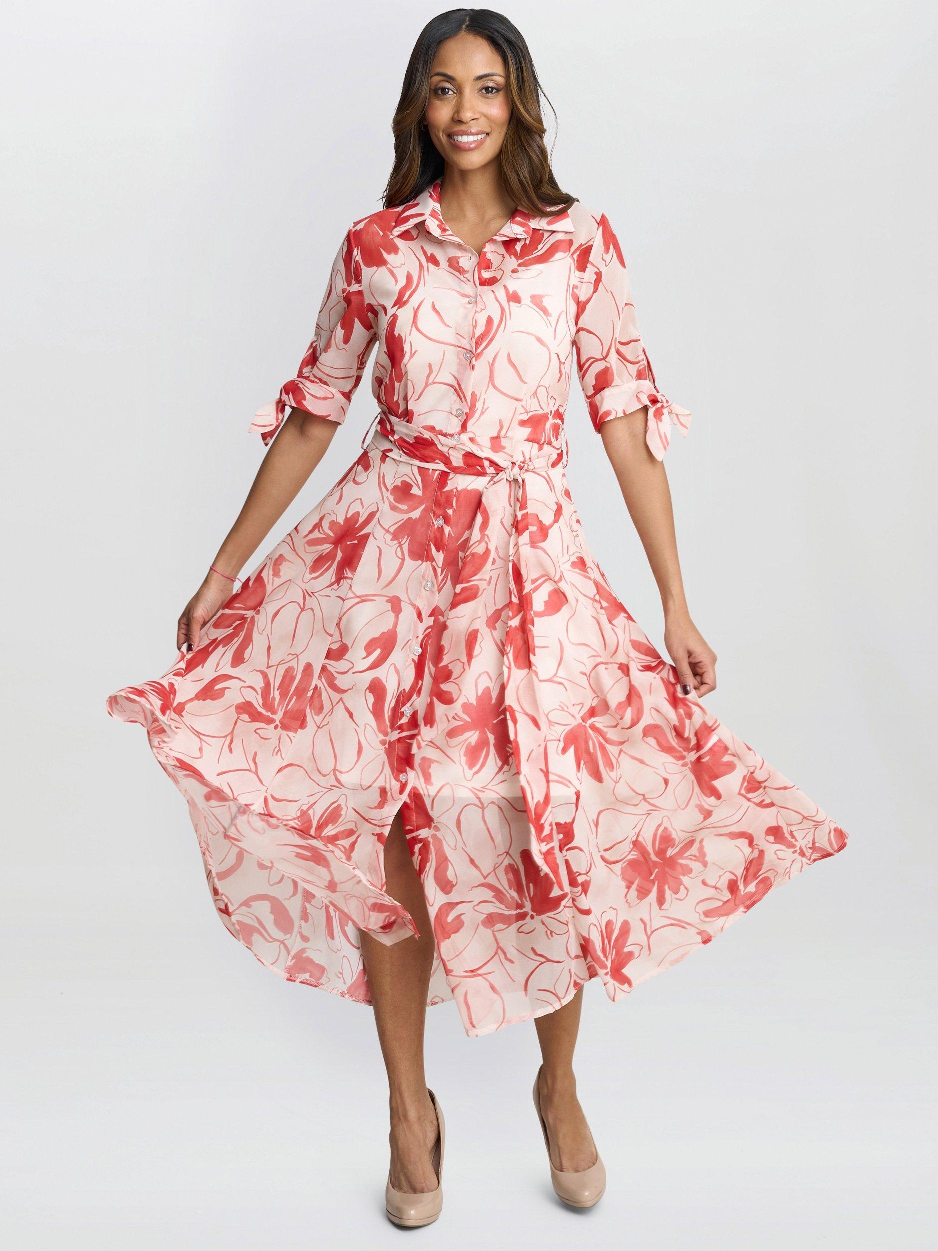 Product image 6 of 6, which shows Gina Bacconi Adrienne Floral Shirt Dress, Red/Multi, S