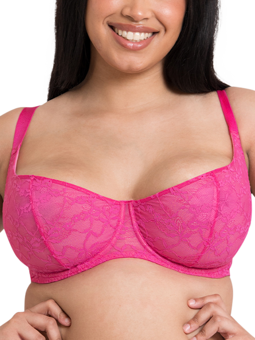 Product image 1 of 8, which shows Curvy Kate All Night Lace Underwired Balcony Bra, Hot Pink/Blush, 30D