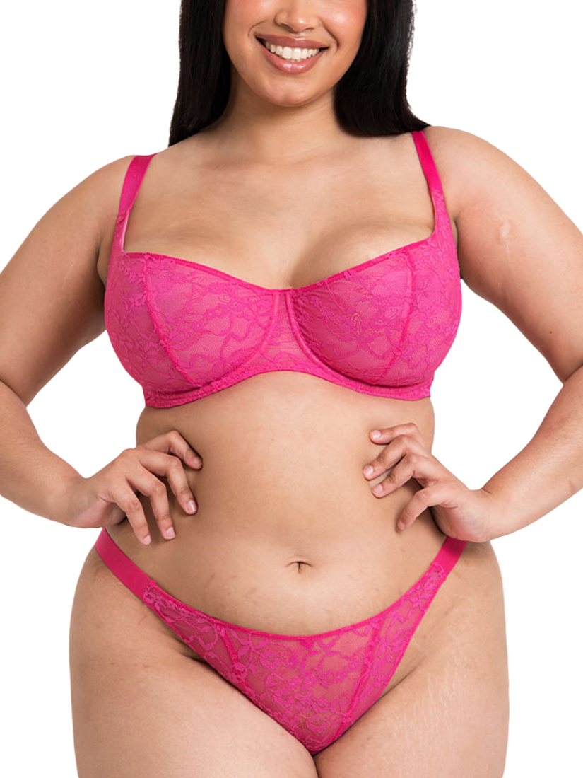 Product image 1 of 7, which shows Curvy Kate All Night Lace Tanga Knickers, Hot Pink/Blush, S