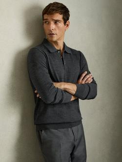 Reiss Trafford Knitted Wool Long Sleeve Polo Top, Mid Grey, Mid Grey