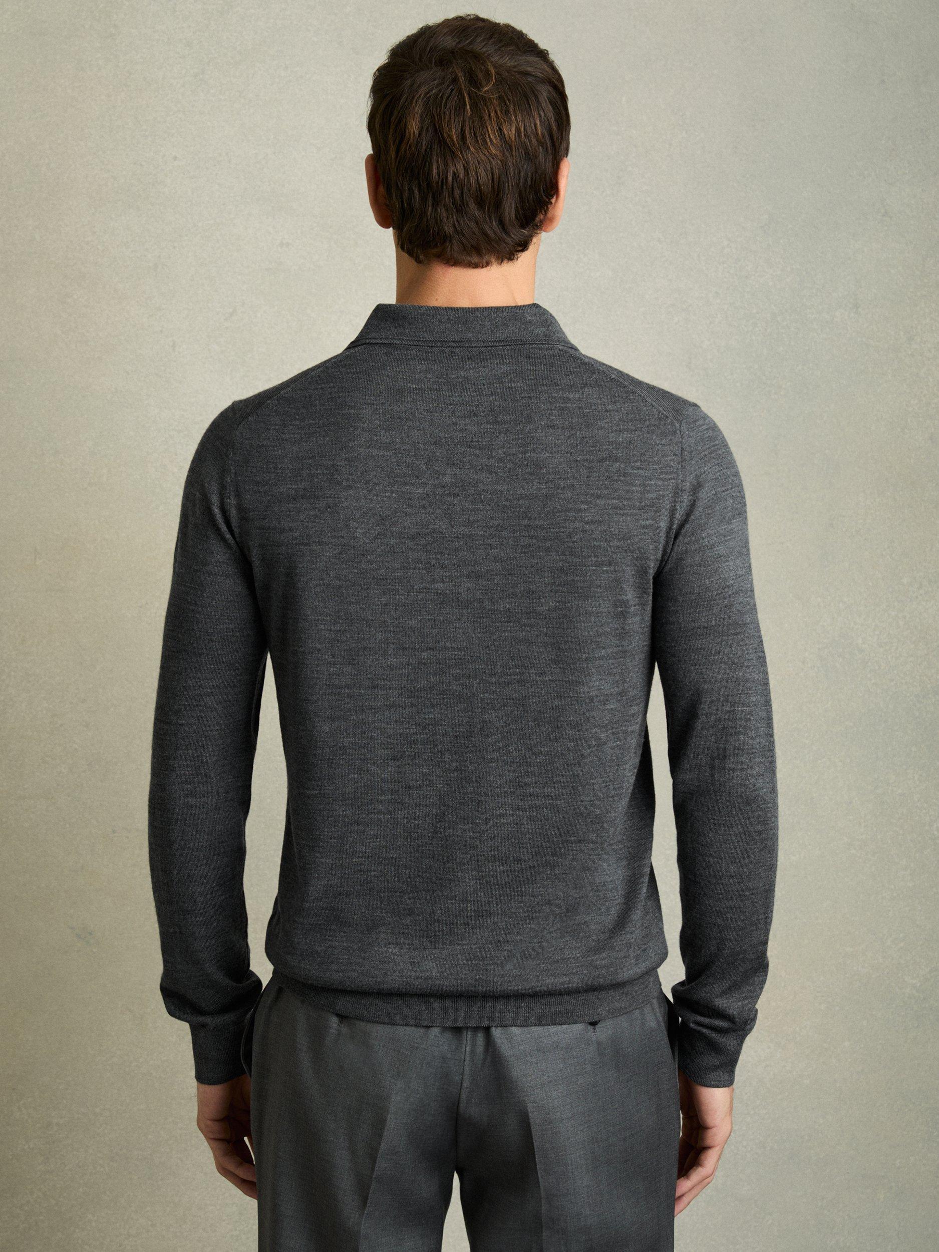 Product image 2 of 5, which shows Reiss Trafford Knitted Wool Long Sleeve Polo Top, Mid Grey, XS