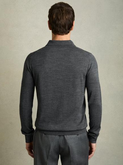 Reiss Trafford Knitted Wool Long Sleeve Polo Top, Mid Grey - view 2, Mid Grey