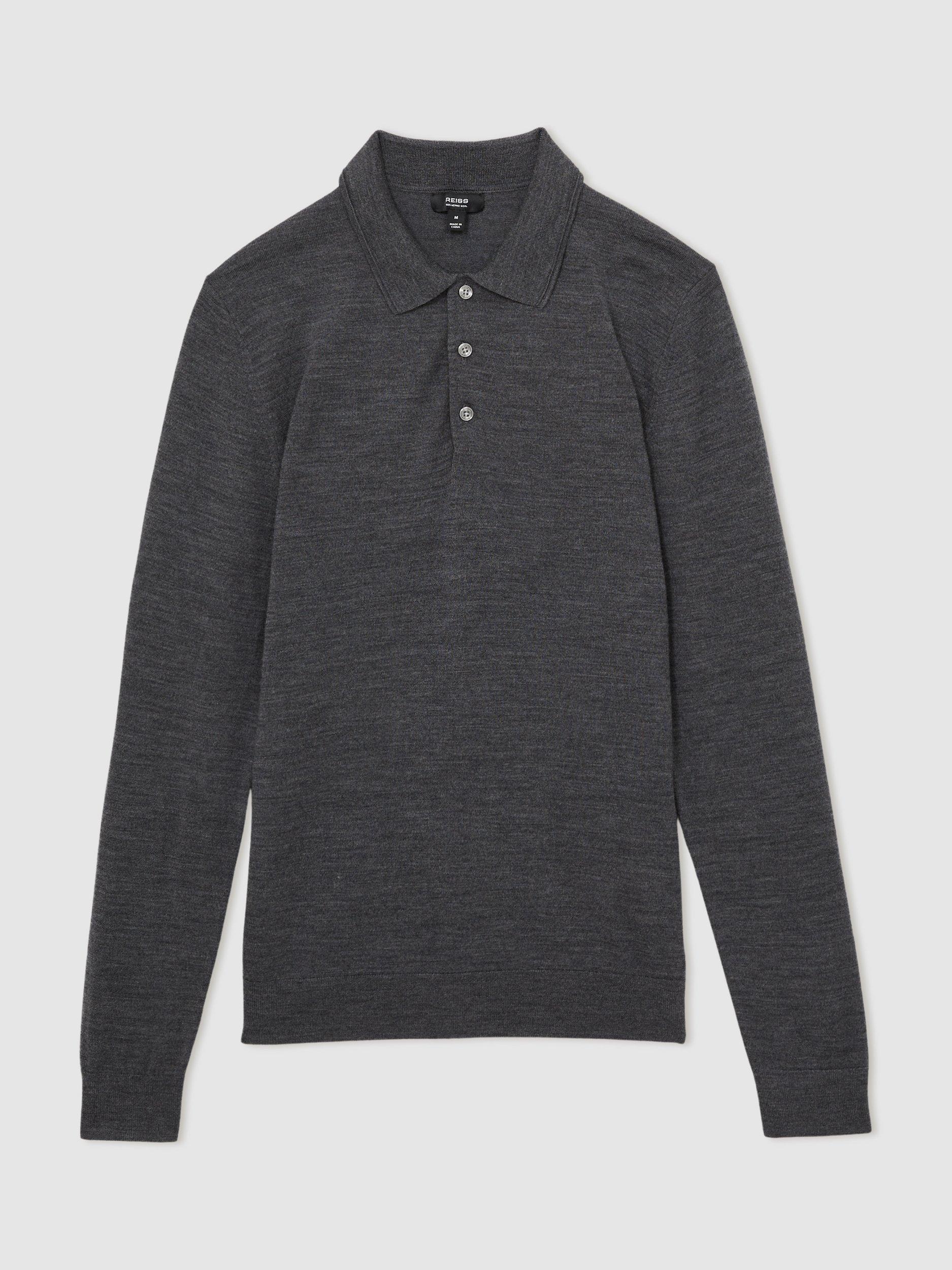 Product image 3 of 5, which shows Reiss Trafford Knitted Wool Long Sleeve Polo Top, Mid Grey, XS