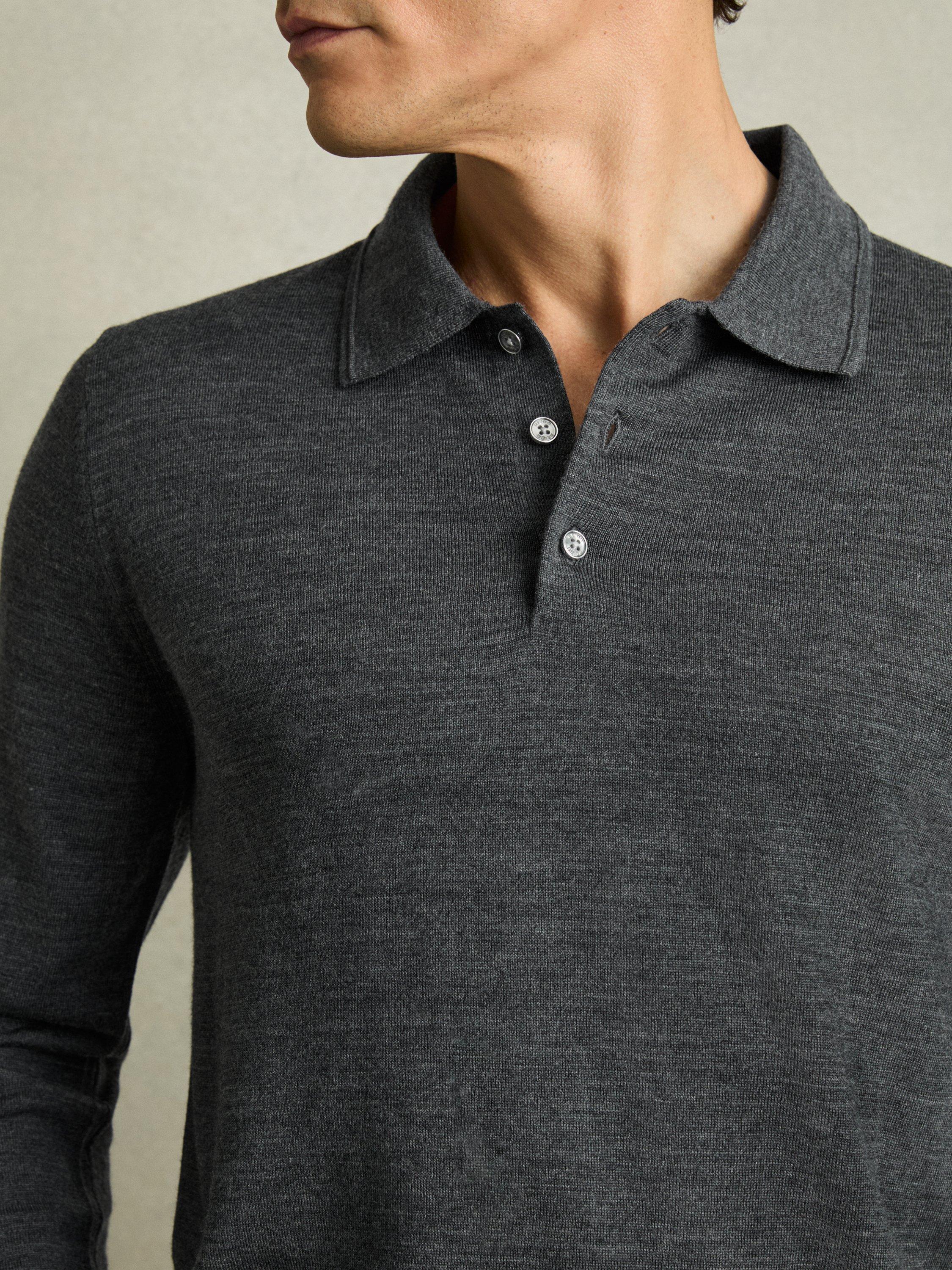Product image 5 of 5, which shows Reiss Trafford Knitted Wool Long Sleeve Polo Top, Mid Grey, XS