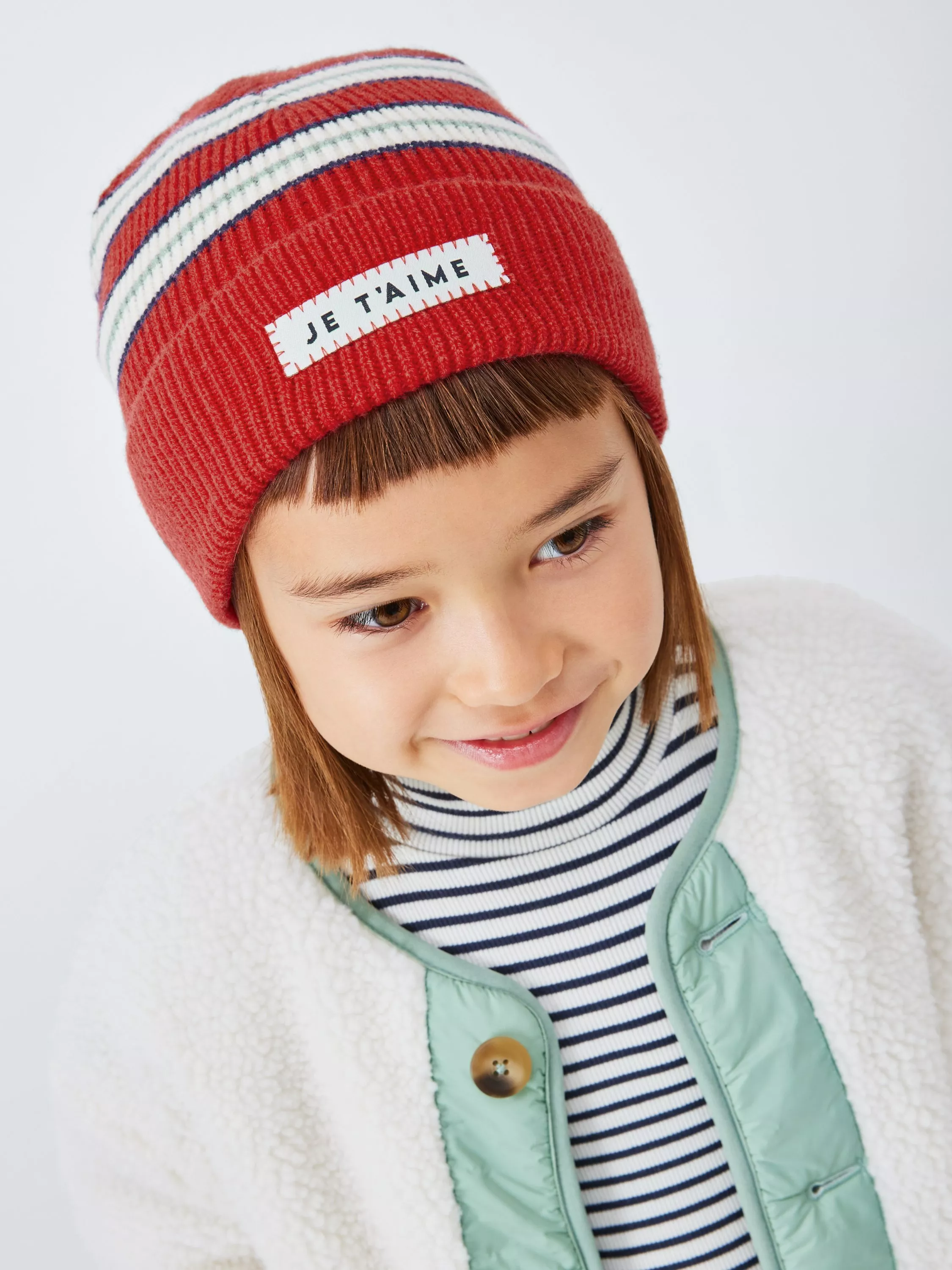 John Lewis Kids' Stripe Je T'Aime Beanie Hat, Red