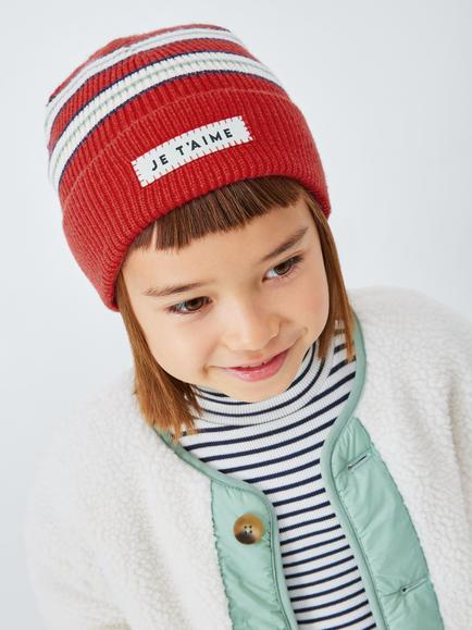 John Lewis Kids' Stripe Je T'Aime Beanie Hat, Red, Red