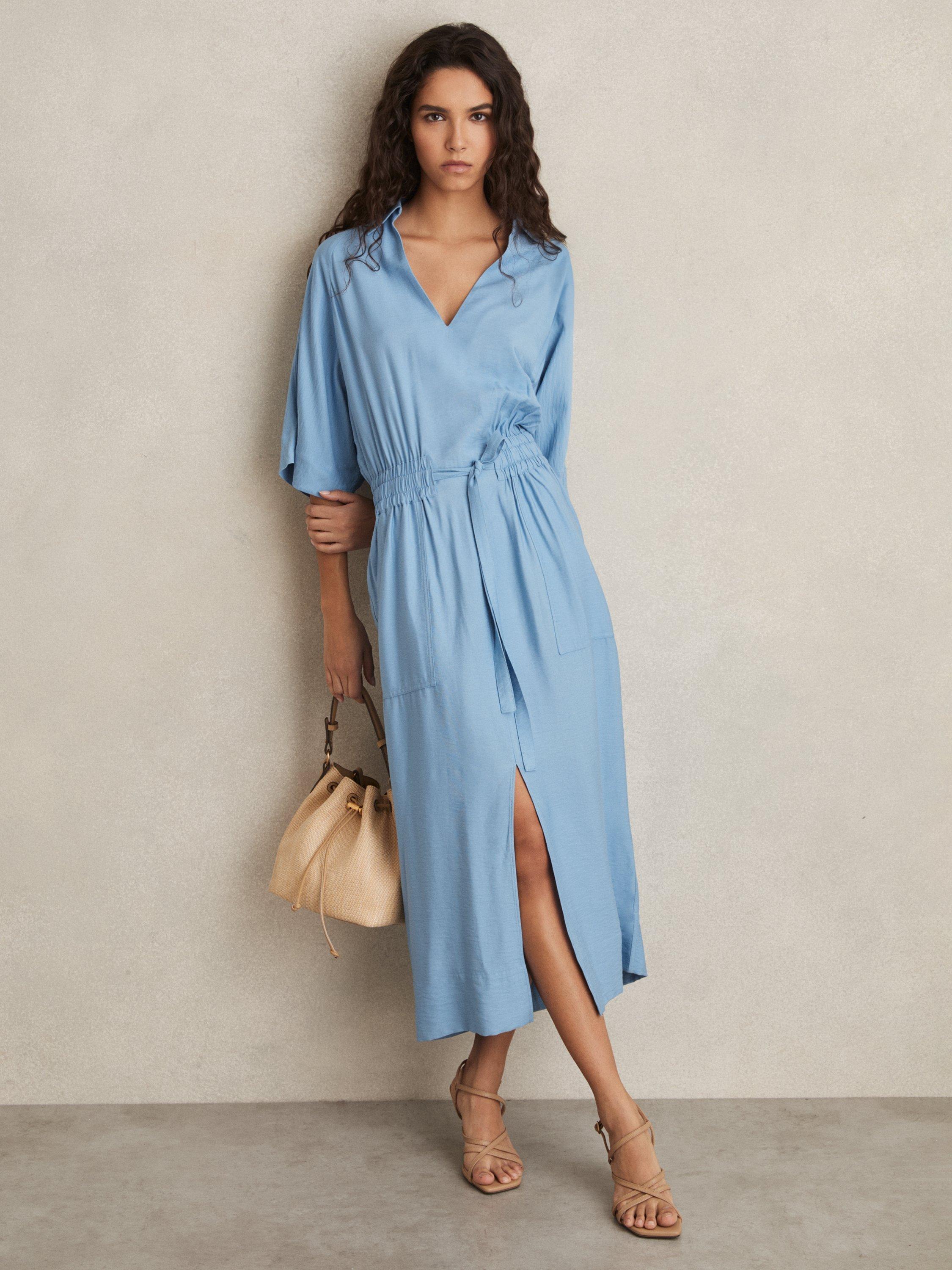 Product image 1 of 4, which shows Reiss Cecilia Short Sleeve Midi Shirt Dress, Blue, 6Pt