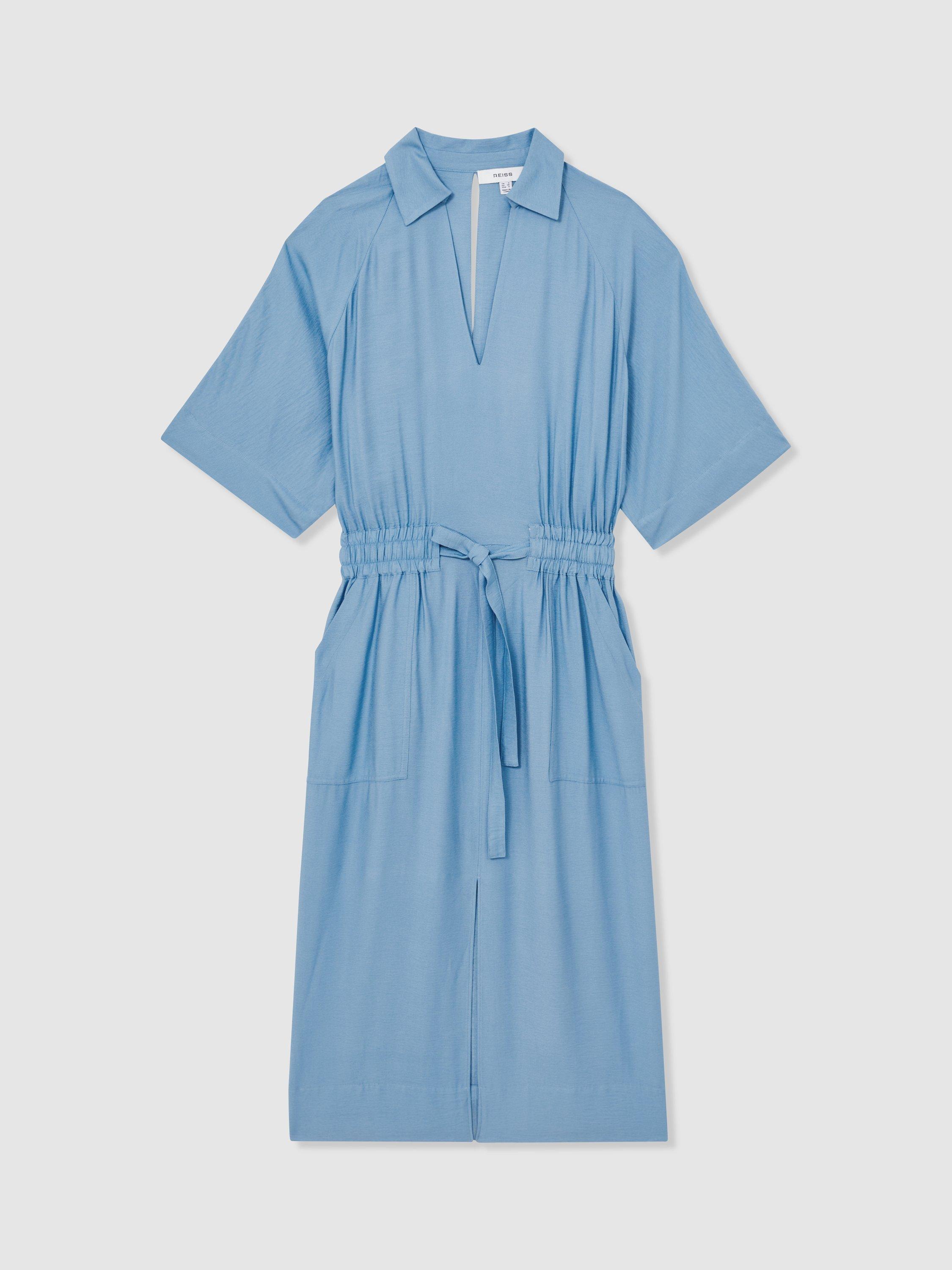 Product image 2 of 4, which shows Reiss Cecilia Short Sleeve Midi Shirt Dress, Blue, 6Pt