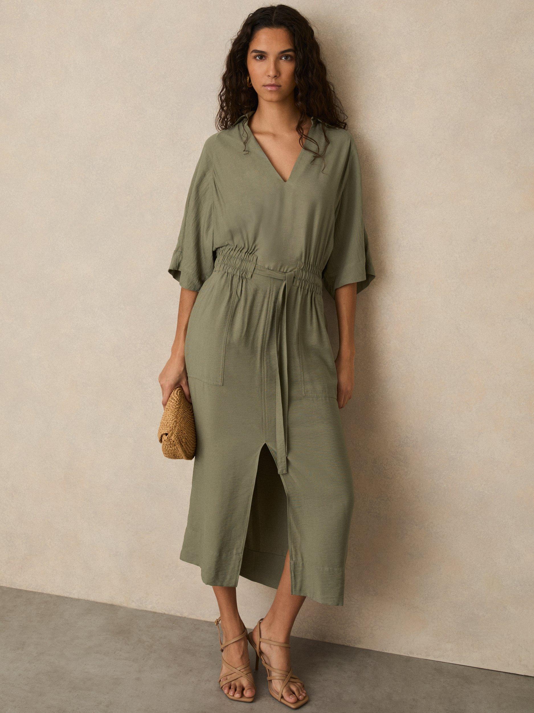 Product image 1 of 5, which shows Reiss Petite Cecilia Shirt Dress, Khaki, 8Pt