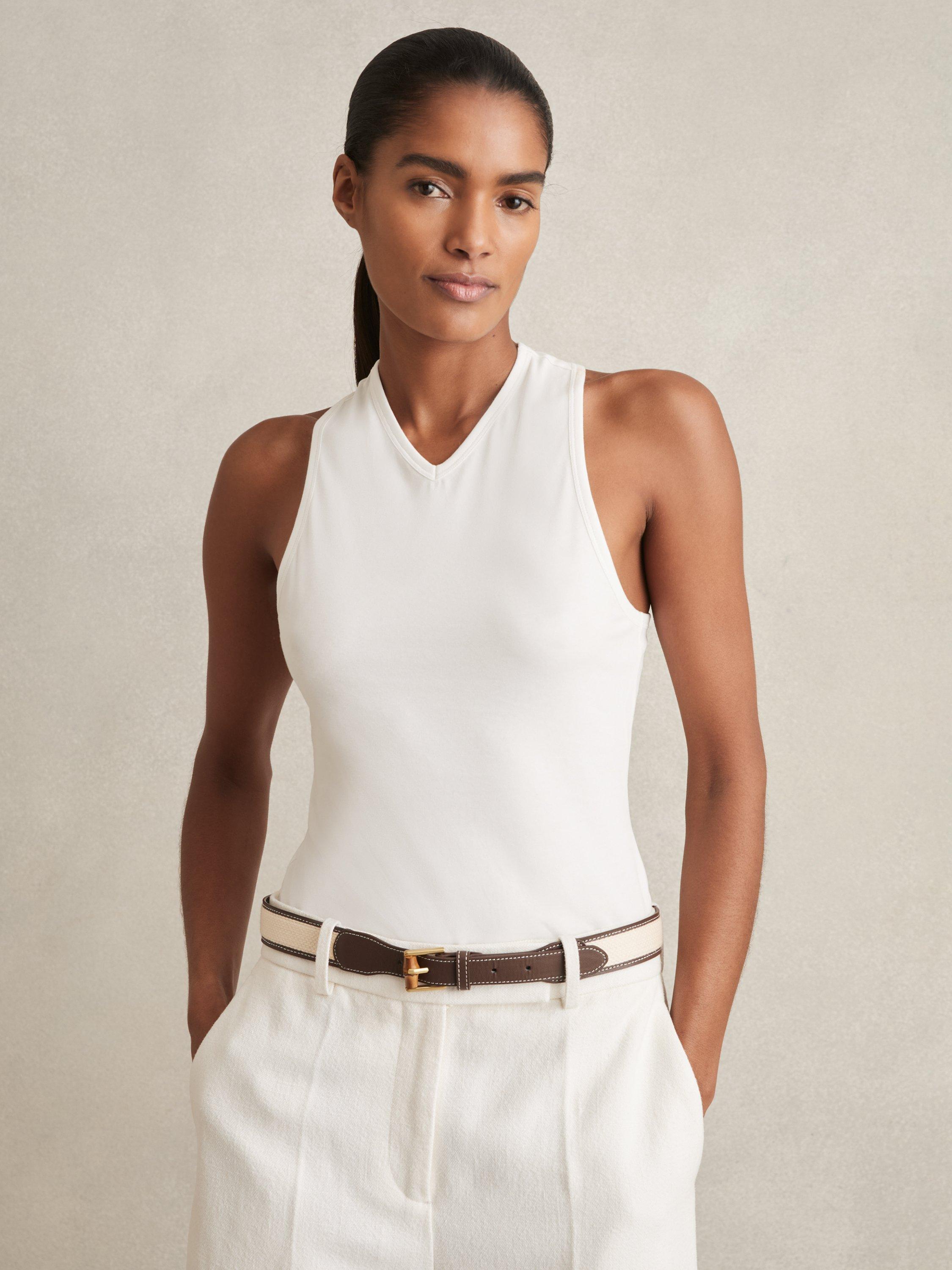 Product image 1 of 5, which shows Reiss Clara Racerback Vest Top, White, XS