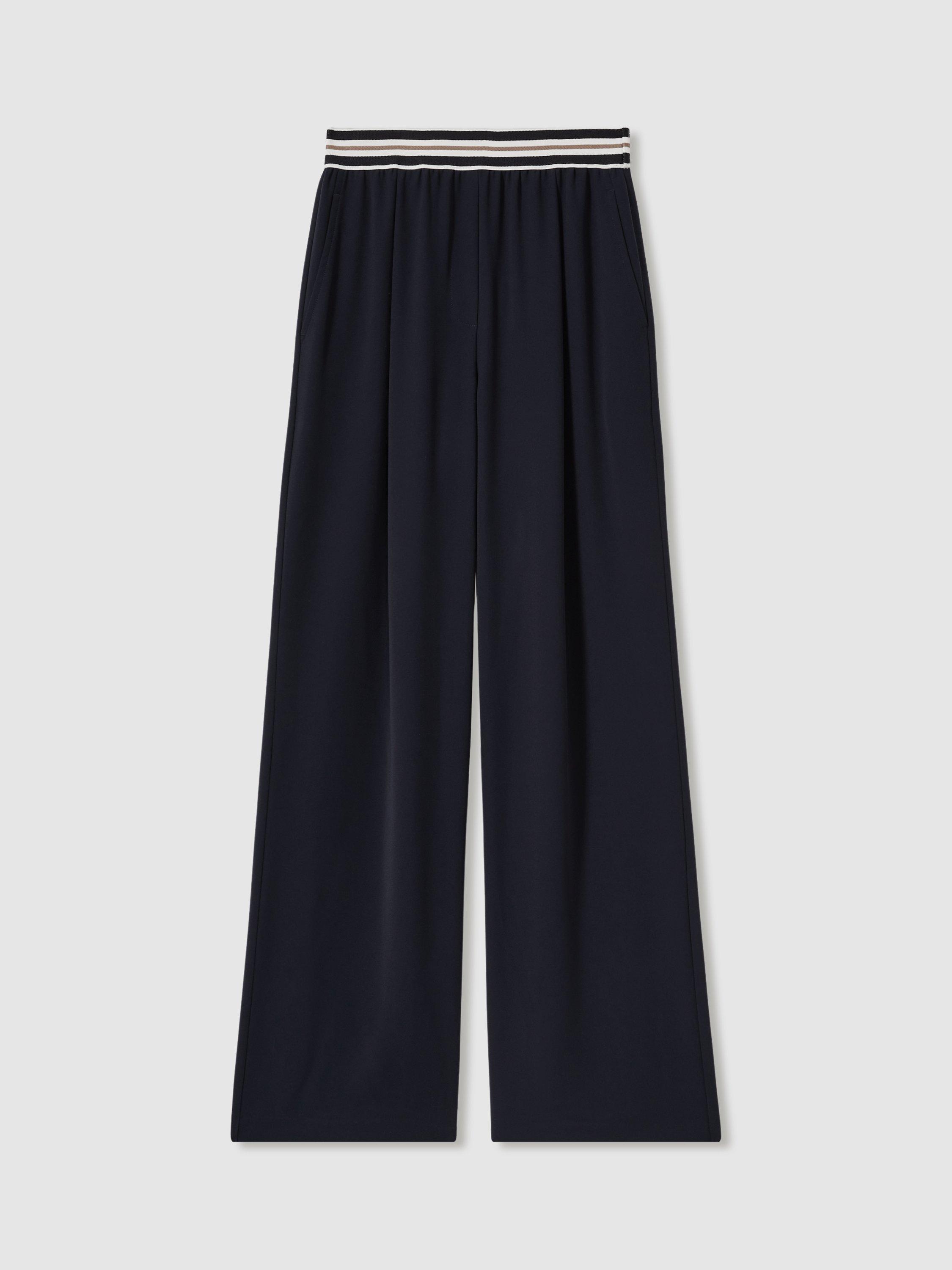 Product image 3 of 5, which shows Reiss Abs Stripe Waist Wide Leg Trousers, Navy, 8R