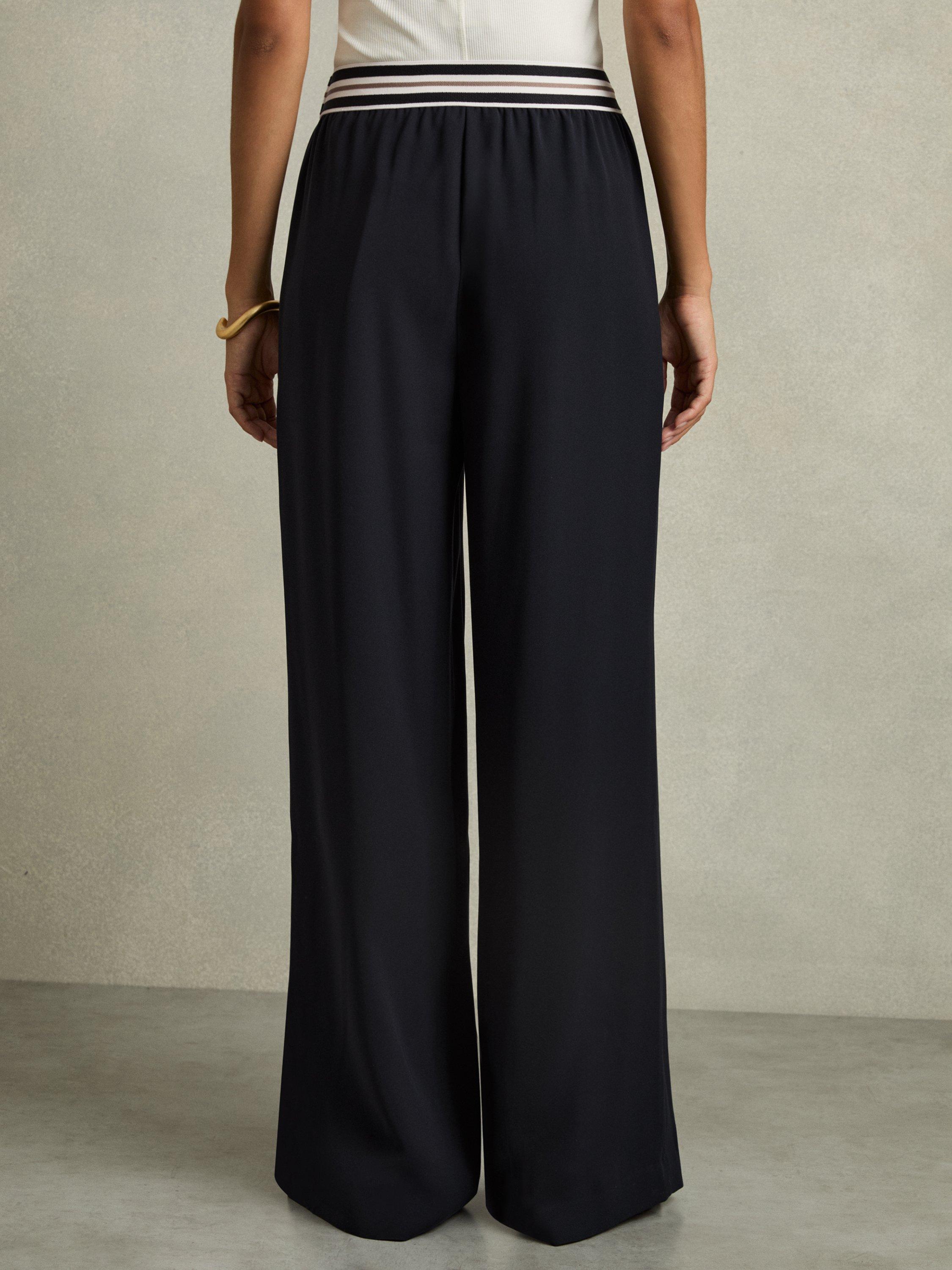 Product image 5 of 5, which shows Reiss Abs Stripe Waist Wide Leg Trousers, Navy, 8R