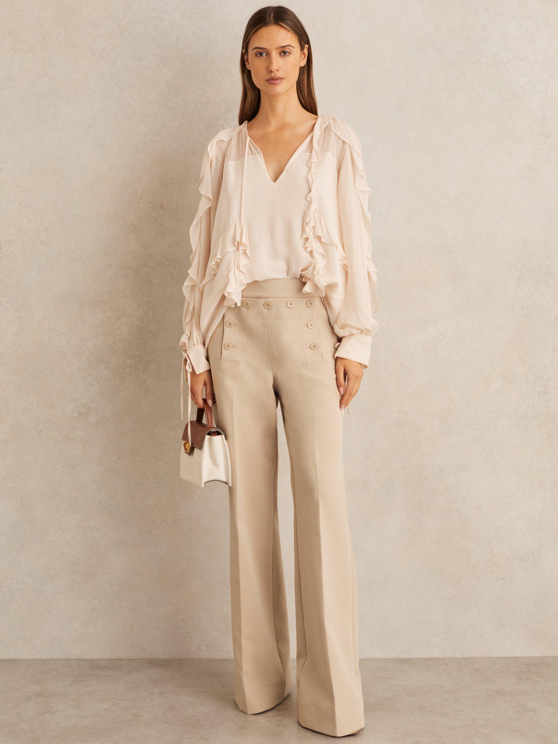 Product image 1 of 5, which shows Reiss Petite Sidney Button Detail Wide Leg Trousers, Stone, 6Pt