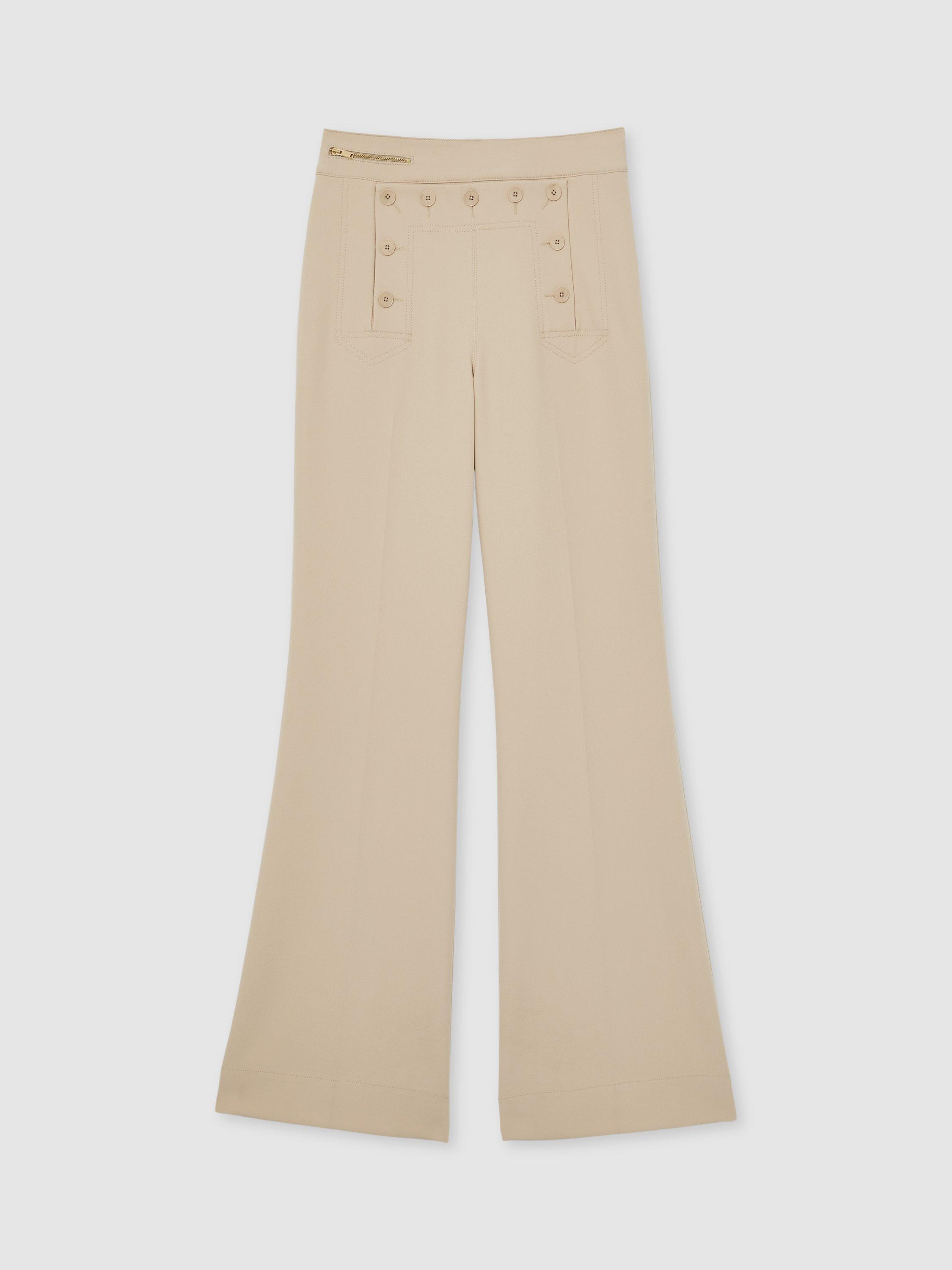 Product image 3 of 5, which shows Reiss Petite Sidney Button Detail Wide Leg Trousers, Stone, 6Pt
