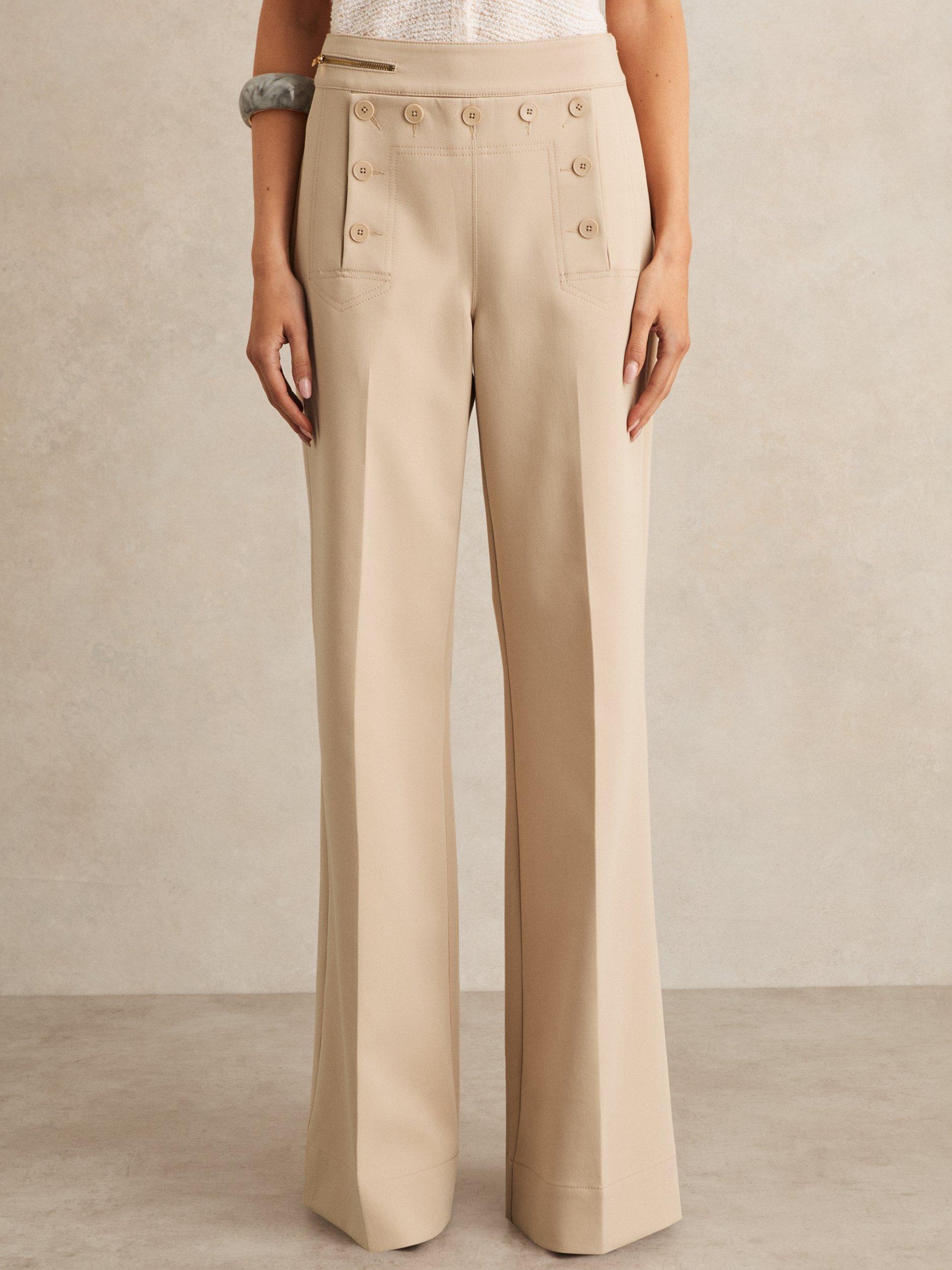 Product image 4 of 5, which shows Reiss Petite Sidney Button Detail Wide Leg Trousers, Stone, 6Pt