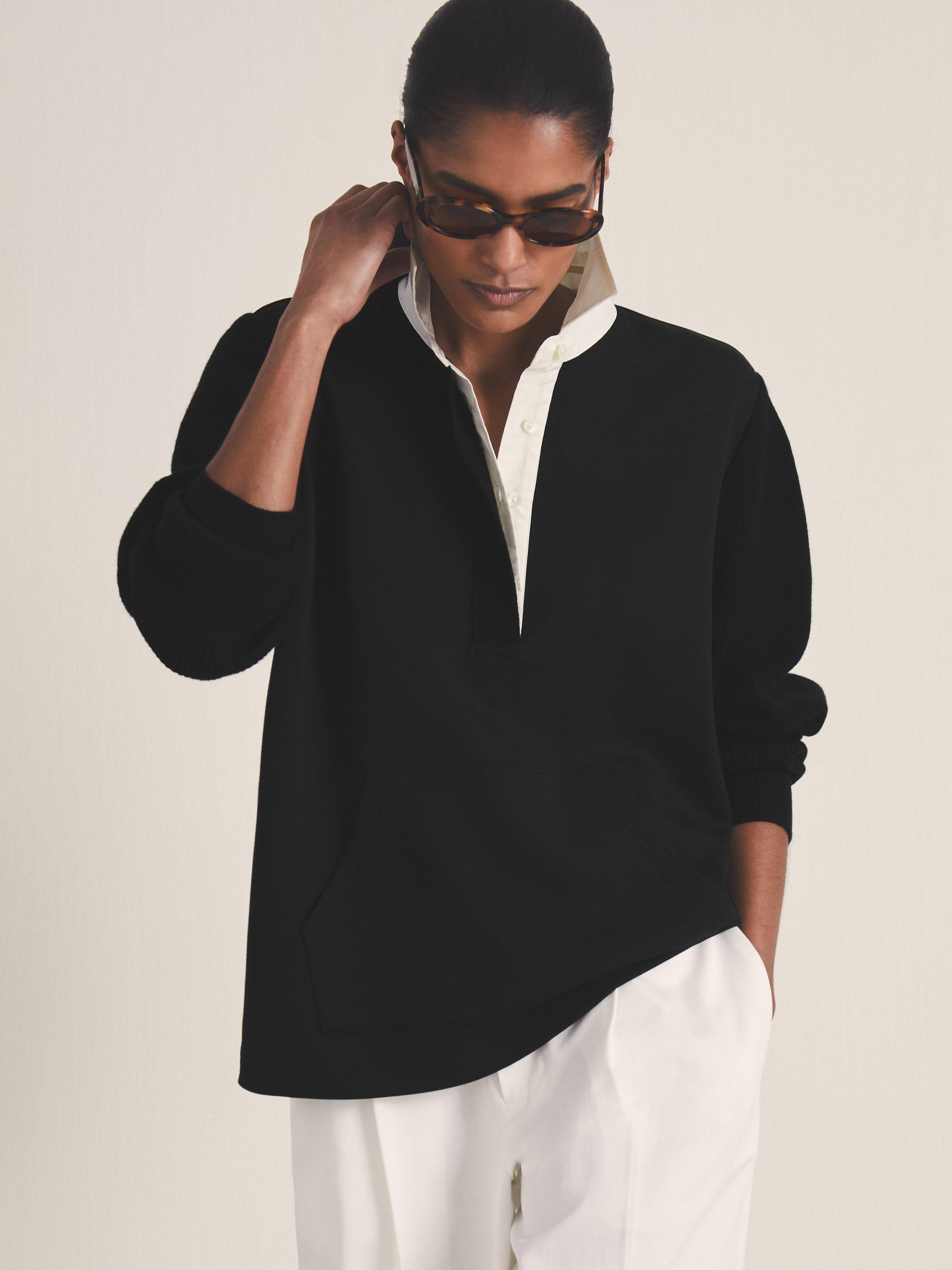 Reiss Les 100 Ciels Noa Open Collar Polo Shirt, Black