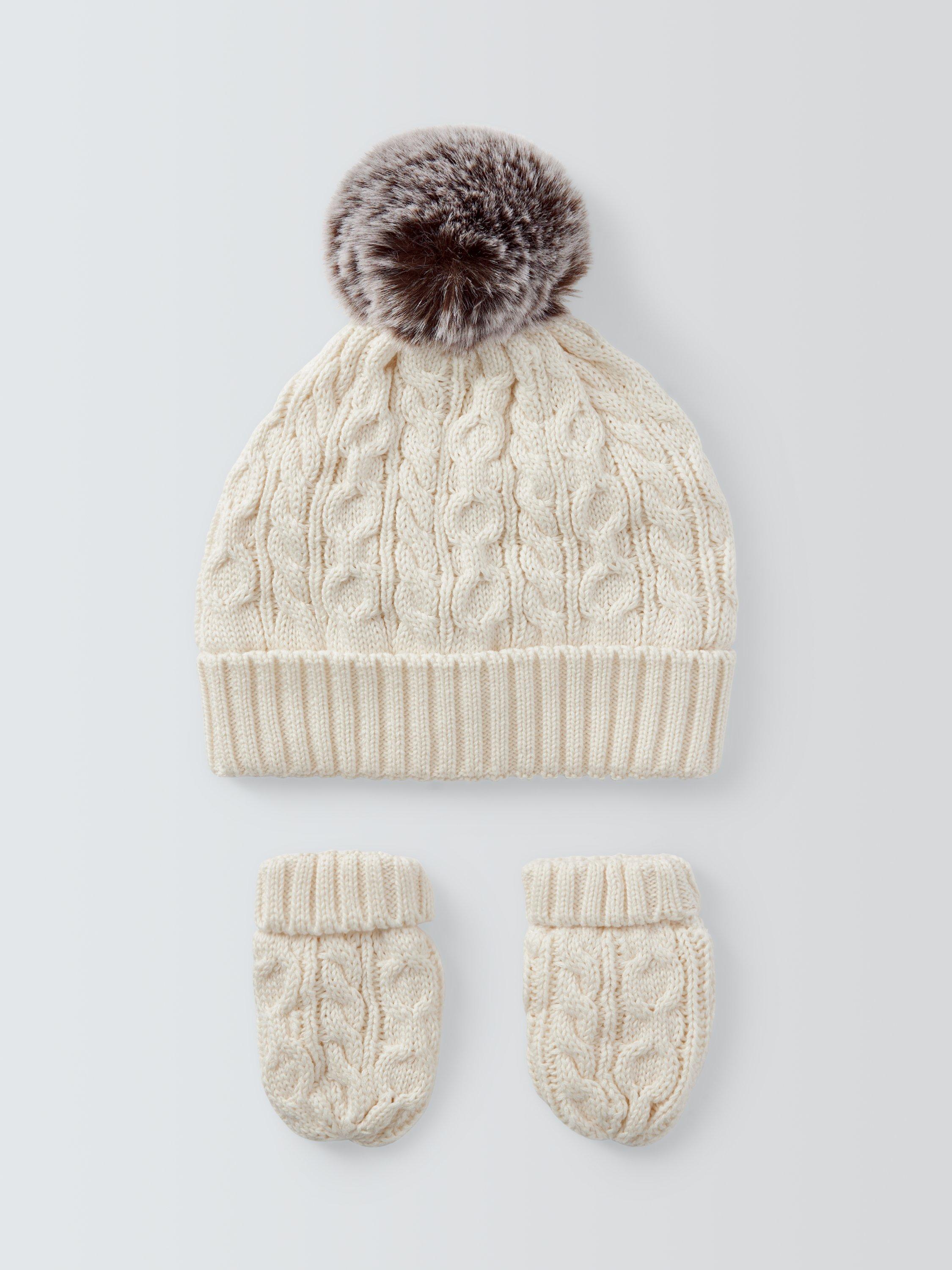 Product image 1 of 3, which shows John Lewis Baby Cable Knit Hat & Mittens Set, Cream, 0-3 months