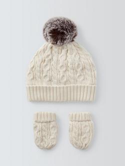 John Lewis Baby Cable Knit Hat & Mittens Set, Cream, Cream
