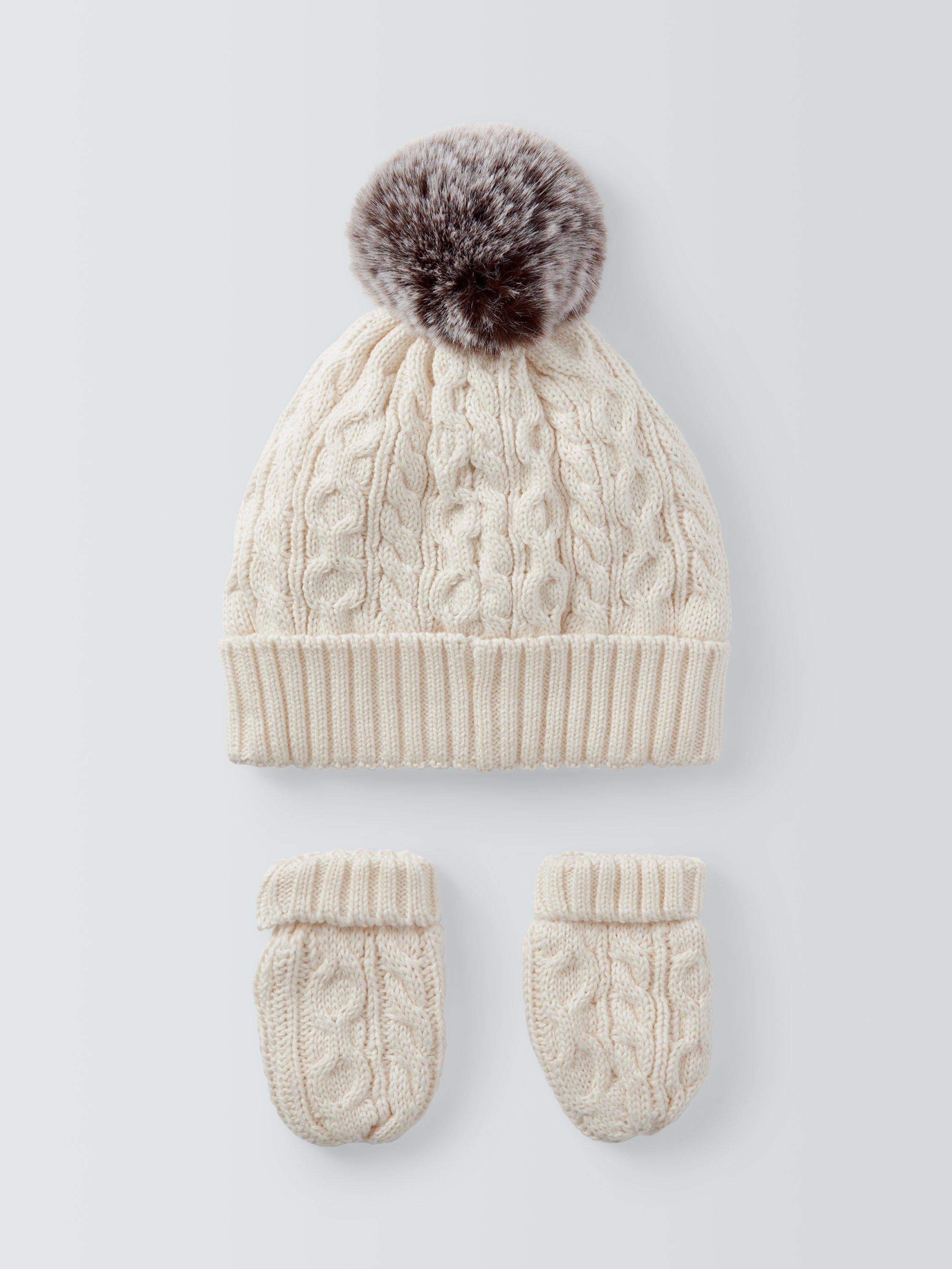 Product image 2 of 3, which shows John Lewis Baby Cable Knit Hat & Mittens Set, Cream, 0-3 months
