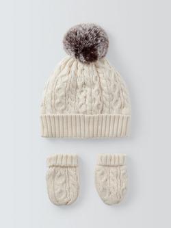 John Lewis Baby Cable Knit Hat & Mittens Set, Cream - view 2, Cream
