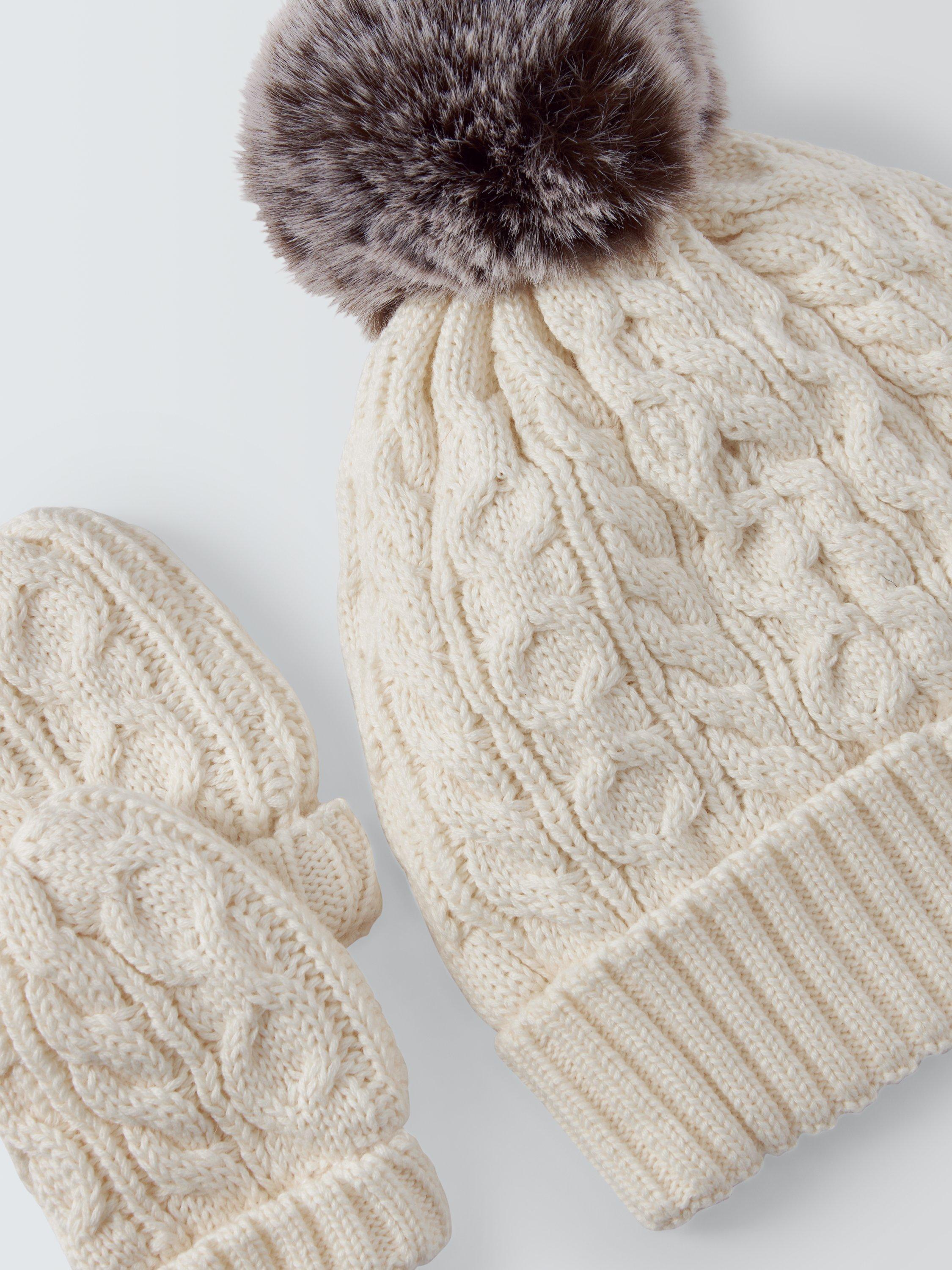 Product image 3 of 3, which shows John Lewis Baby Cable Knit Hat & Mittens Set, Cream, 0-3 months