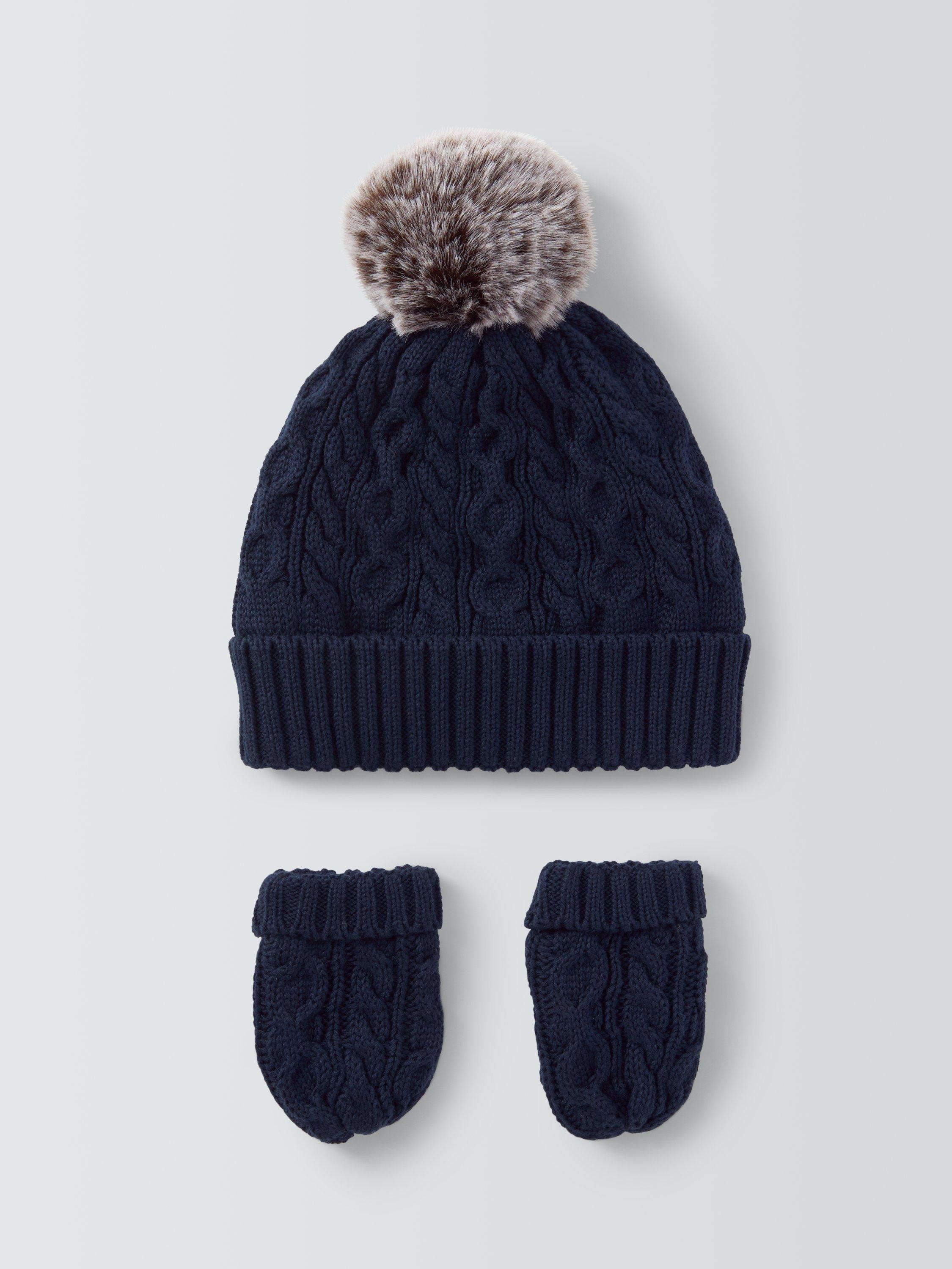 Product image 1 of 3, which shows John Lewis Baby Cable Knit Hat & Mittens Set, Navy, 0-3 months