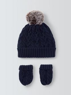 John Lewis Baby Cable Knit Hat & Mittens Set, Navy, Navy
