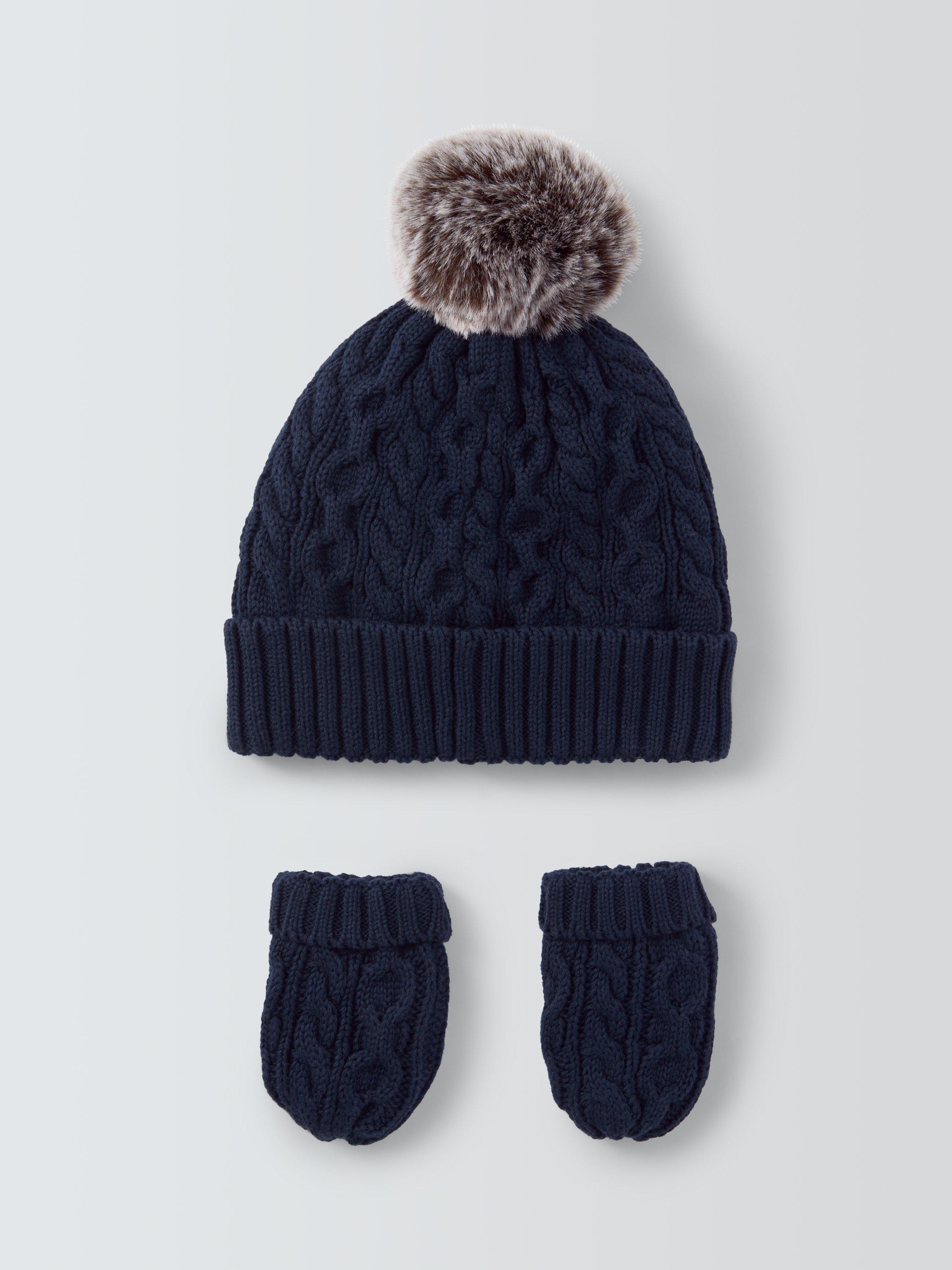 Product image 2 of 3, which shows John Lewis Baby Cable Knit Hat & Mittens Set, Navy, 0-3 months