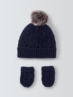 John Lewis Baby Cable Knit Hat & Mittens Set, Navy - view 2, Navy