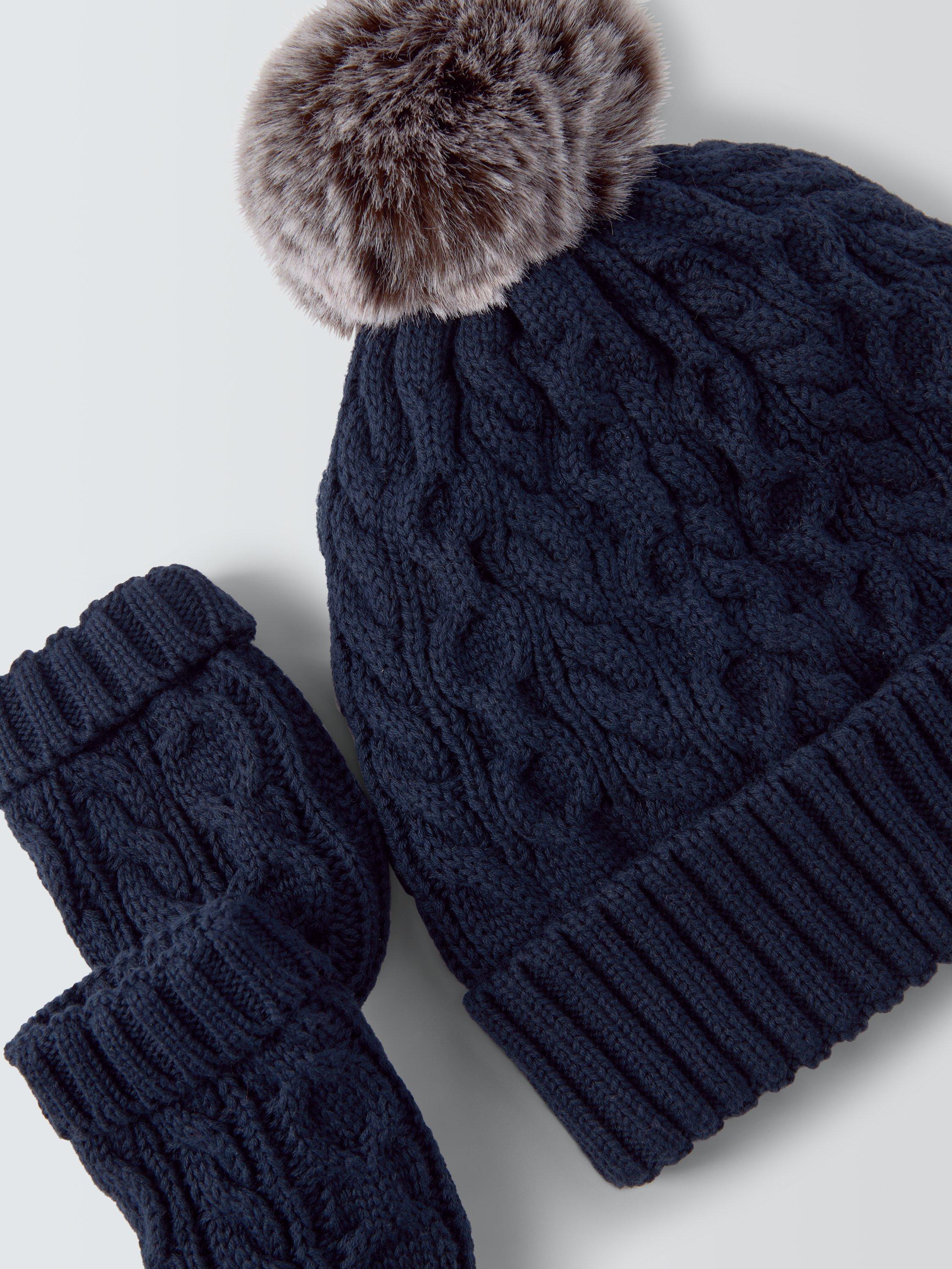 Product image 3 of 3, which shows John Lewis Baby Cable Knit Hat & Mittens Set, Navy, 0-3 months