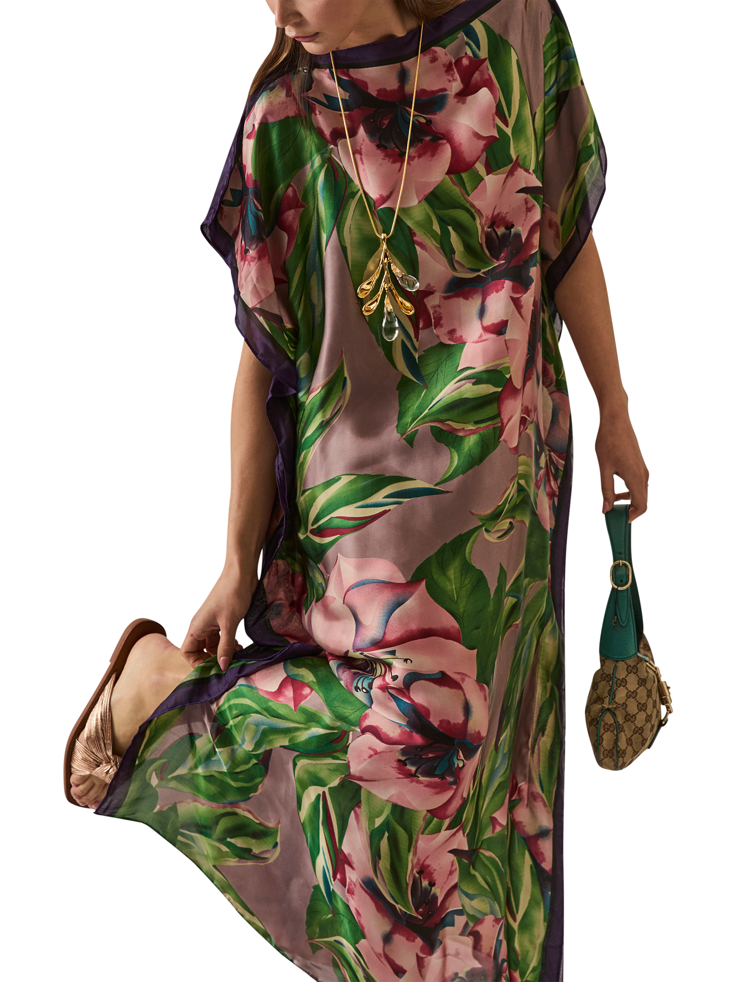 Product image 4 of 7, which shows James Lakeland Floral Maxi Kaftan, Green, One Size