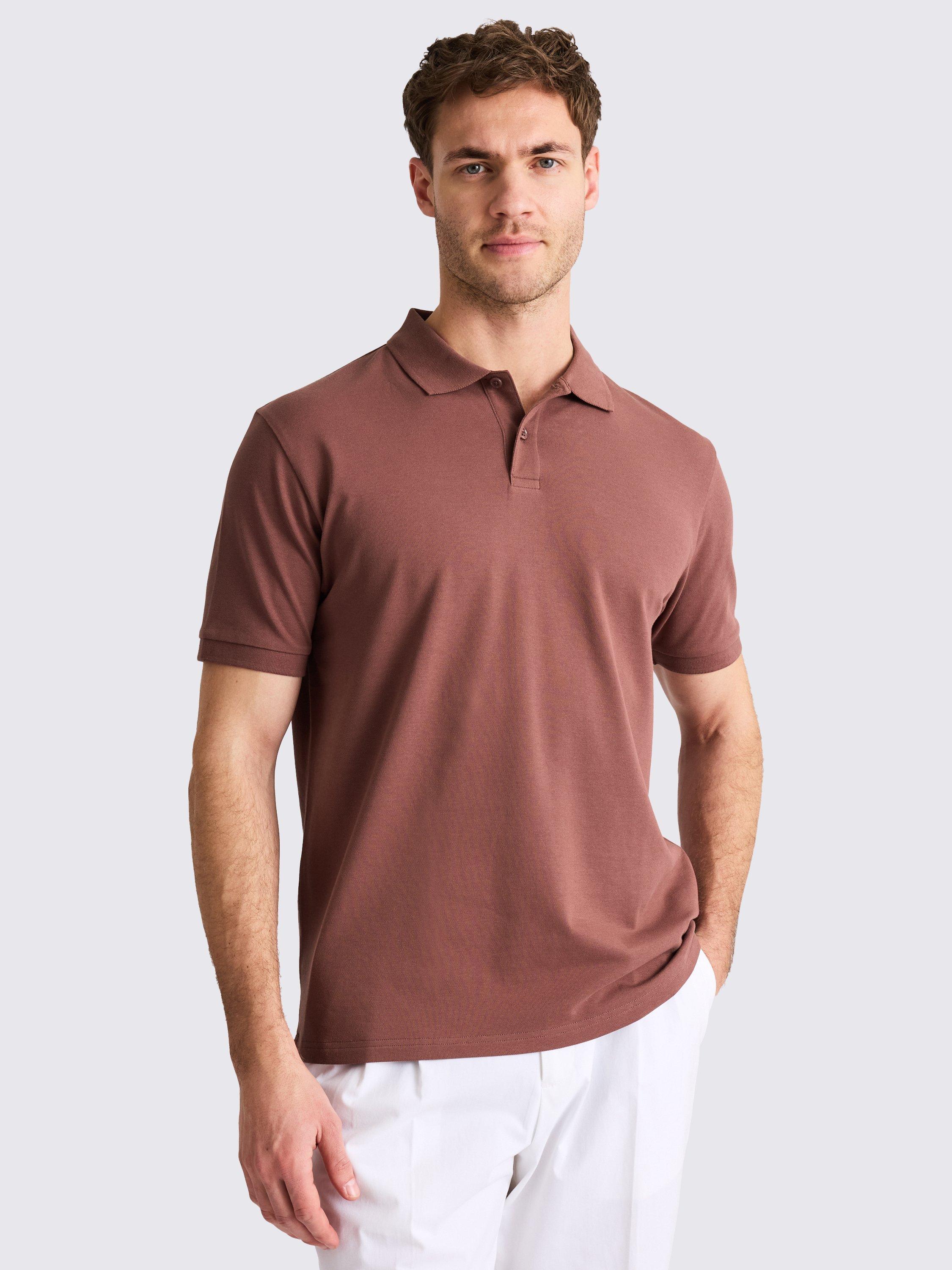 Moss Cotton Blend Regular Fit Short Sleeve Pique Polo Shirt, Brown