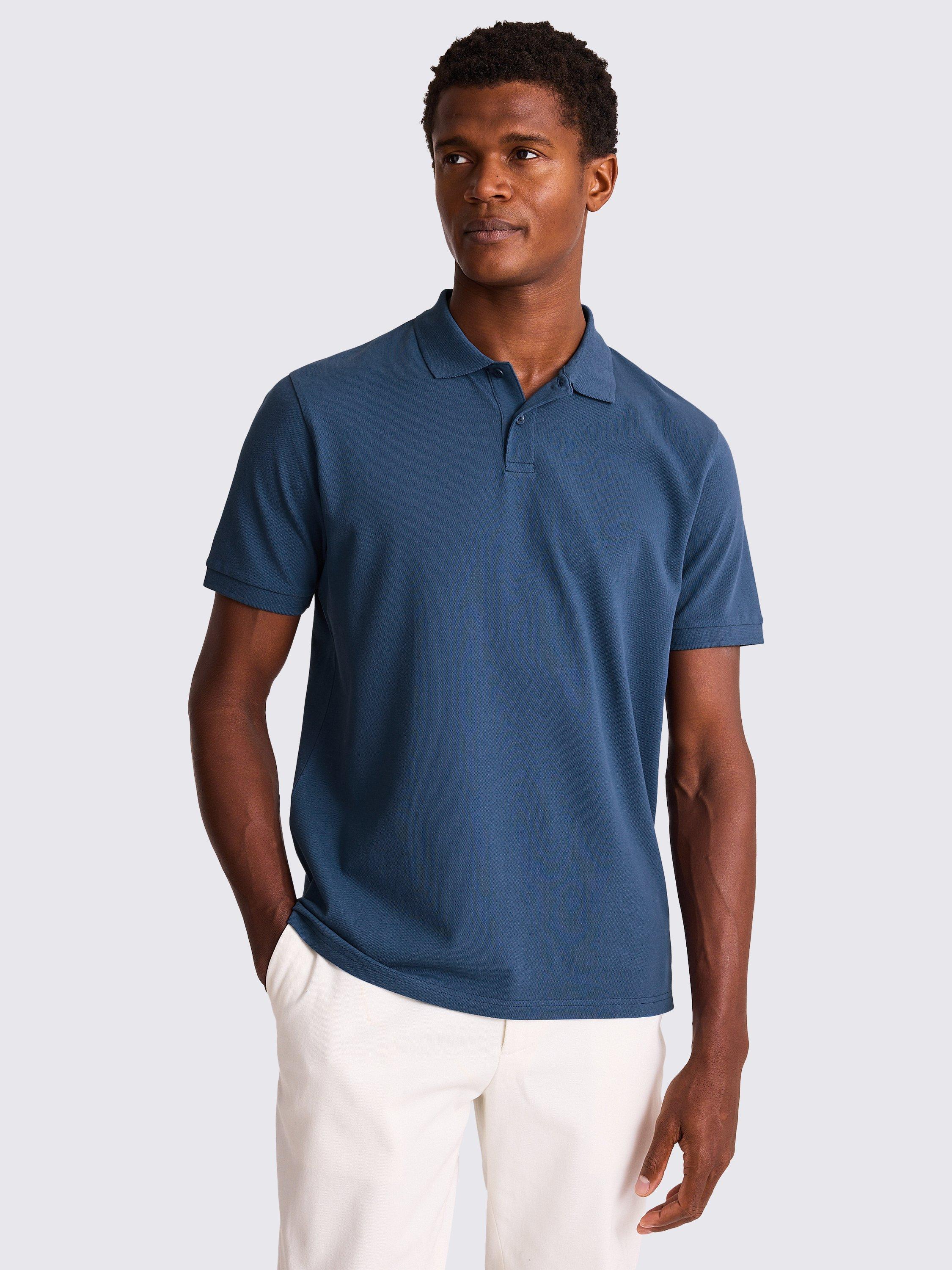 Moss Cotton Blend Regular Fit Short Sleeve Pique Polo Shirt, Blue