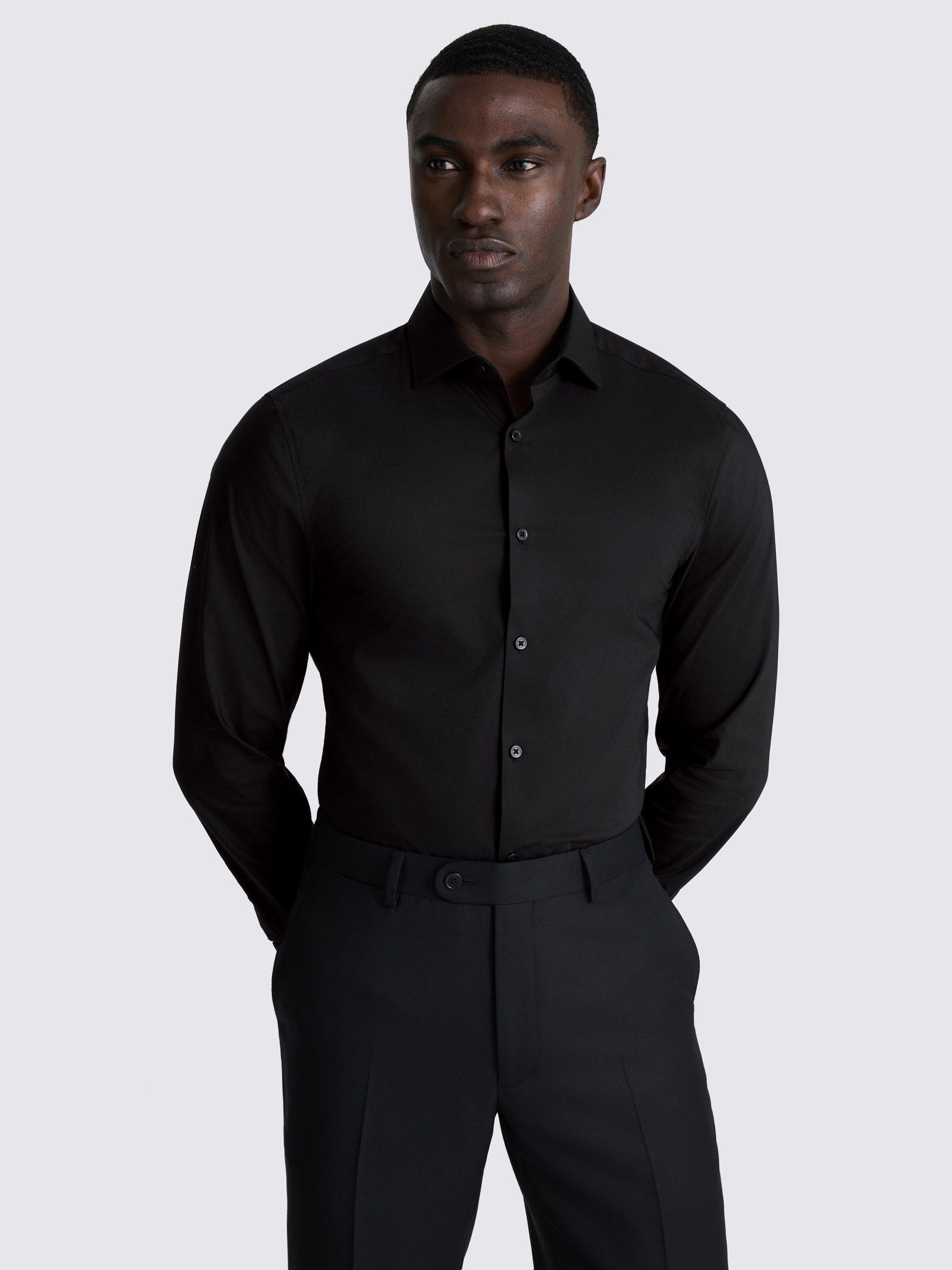 Product image 1 of 3, which shows Moss Cotton Blend Slim Fit Double Cuff Shirt, Black, 13.5