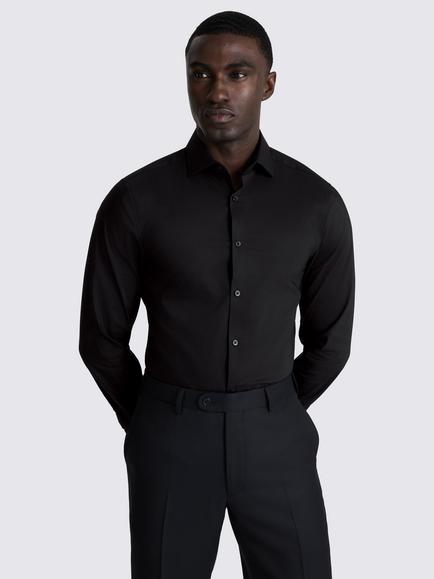 Moss Slim Fit Double Cuff Cotton Blend Stretch Shirt, Black, Black