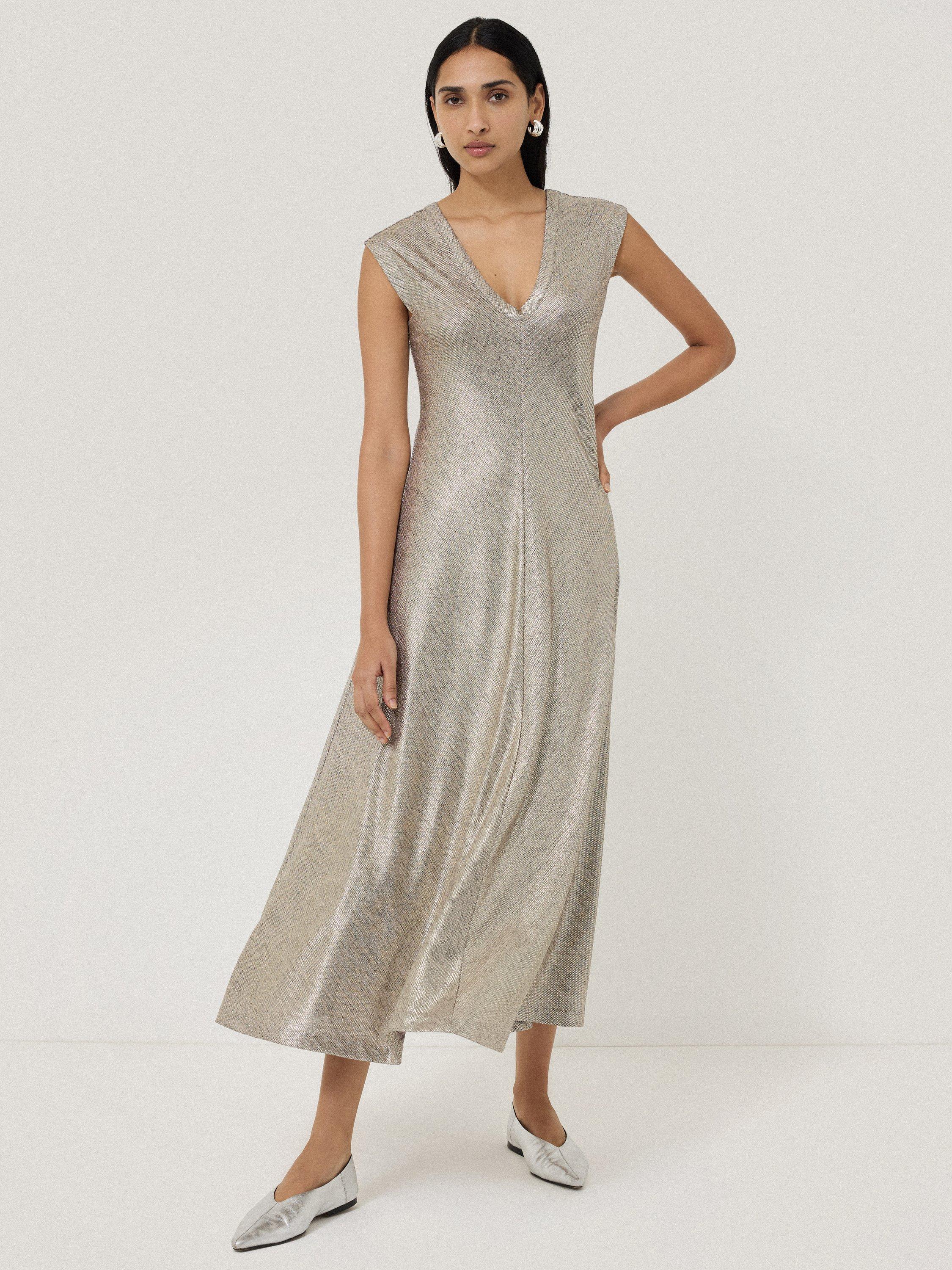 Product image 1 of 7, which shows Jigsaw Metallic Jersey Maxi Dress, Gold, XS