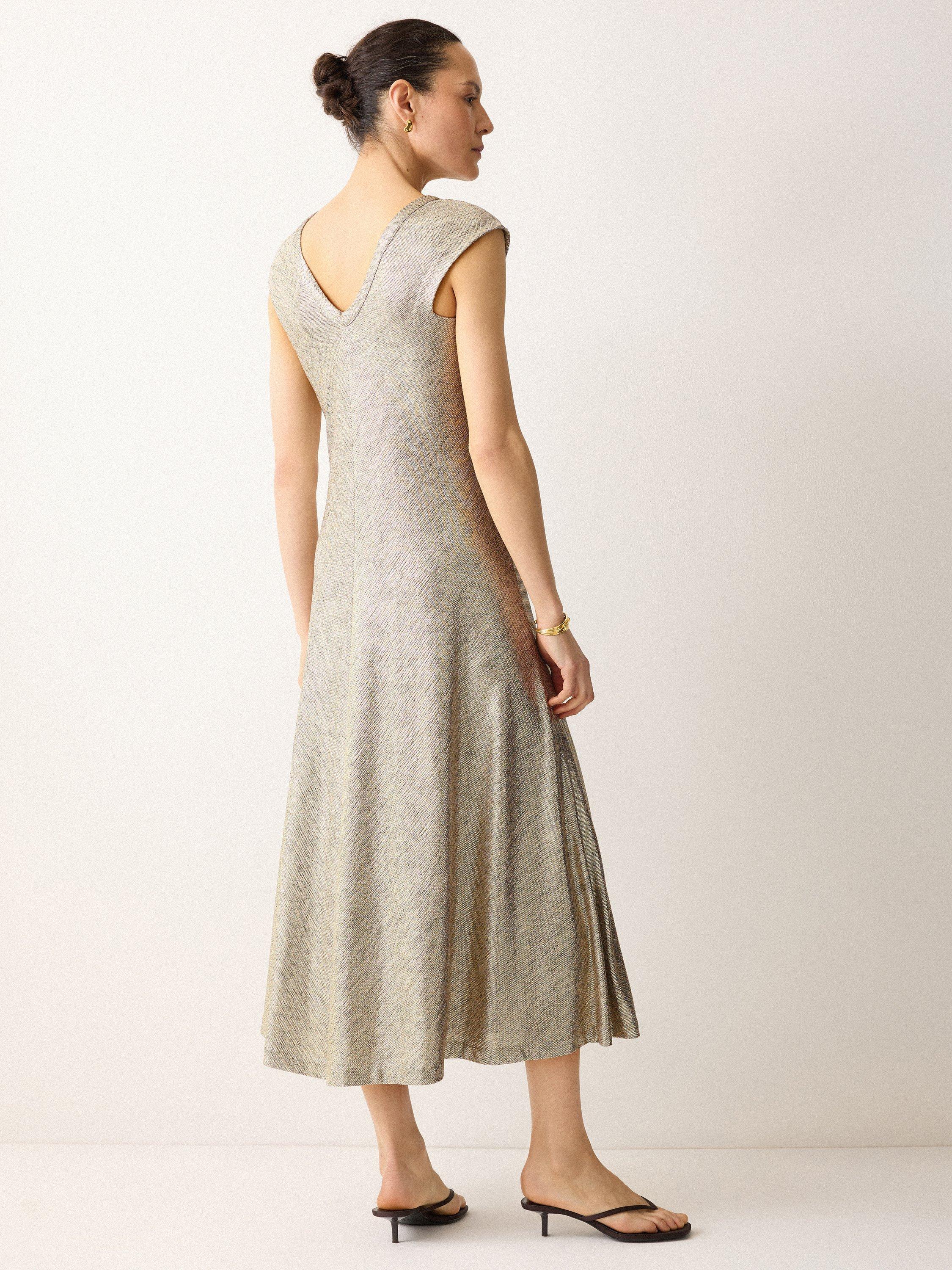 Product image 2 of 7, which shows Jigsaw Metallic Jersey Maxi Dress, Gold, XS